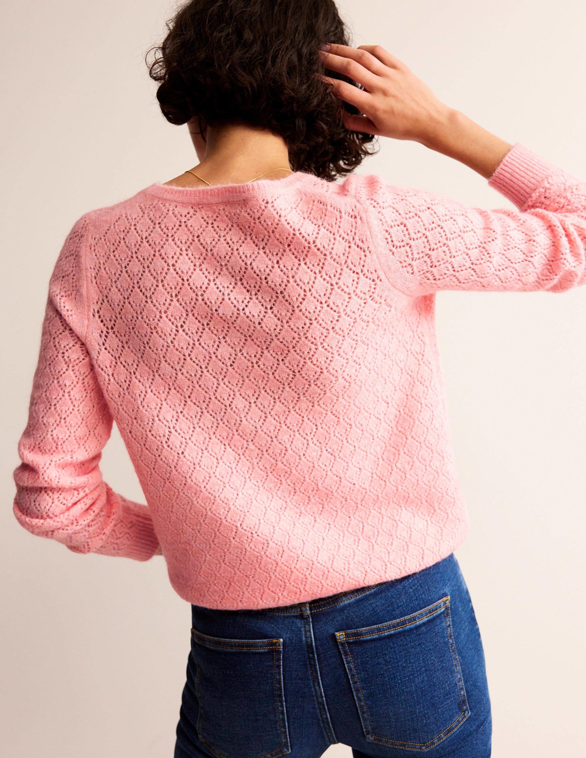 Fluffy Henley Pointelle Jumper-Dahlia Pink - Image 3