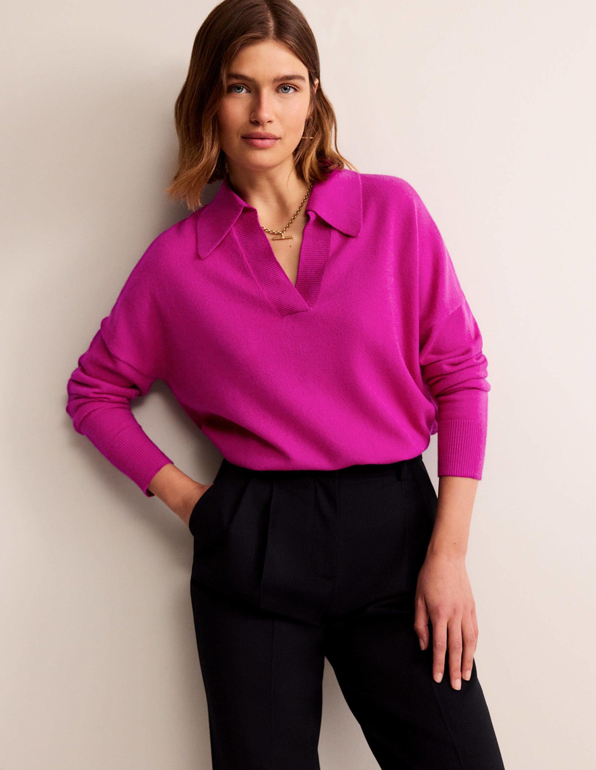 Collared Cashmere Henley-Magenta-1
