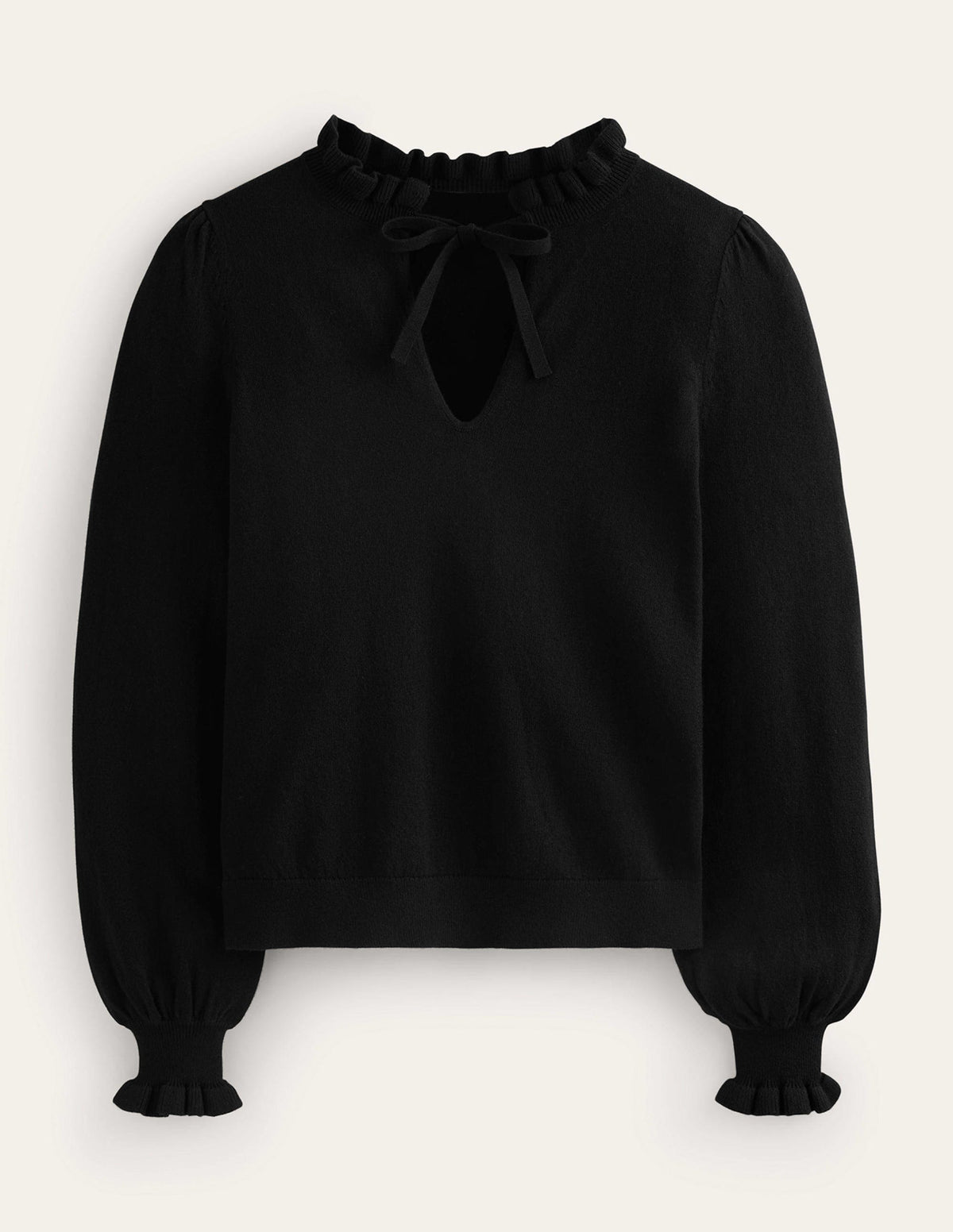 Ruffle Tie-Neck Jumper-Black - Image 5