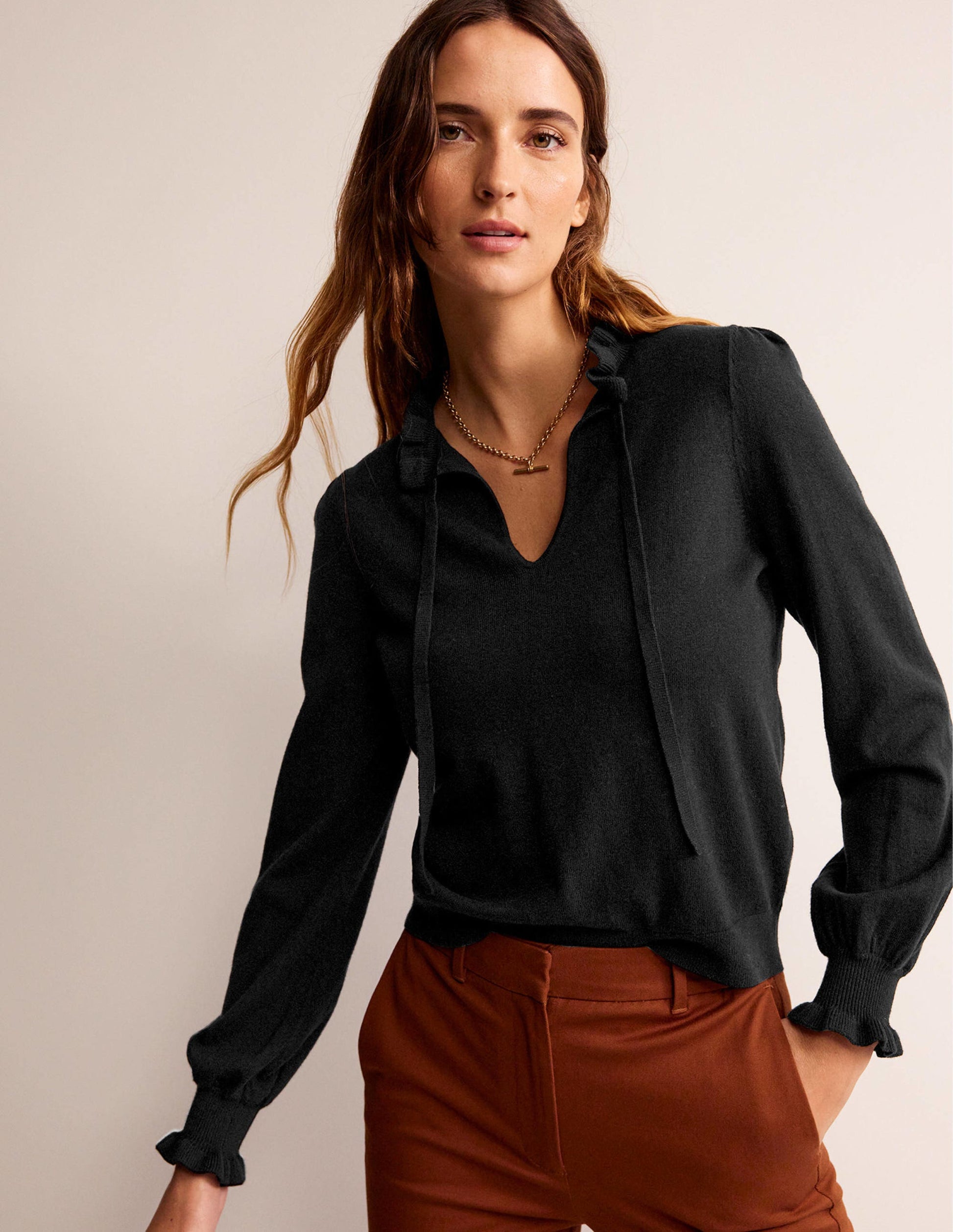 Ruffle Tie-Neck Jumper-Black-1