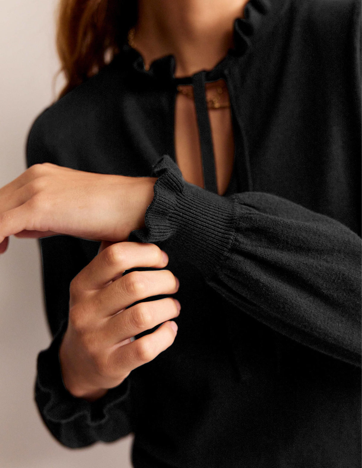 Ruffle Tie-Neck Jumper-Black-2