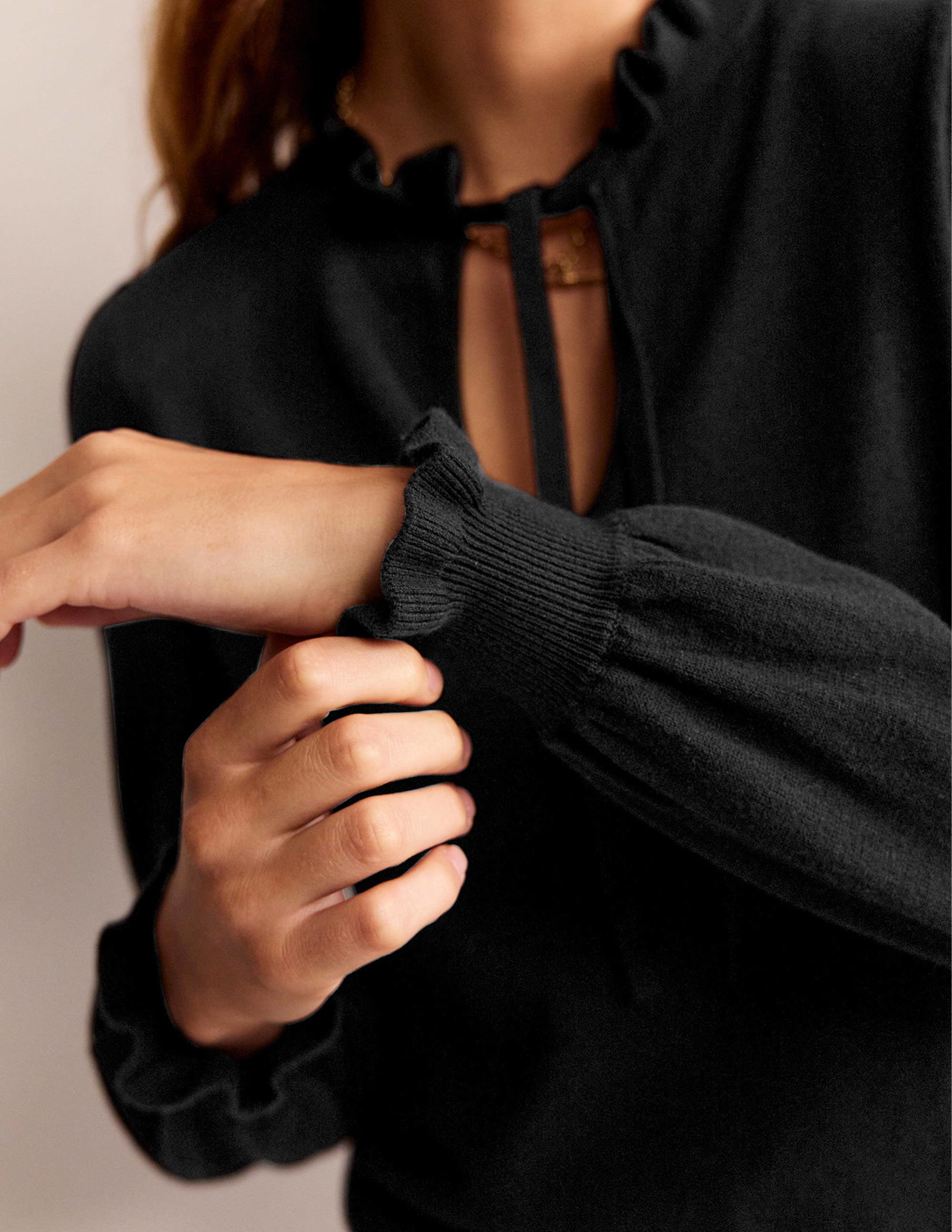 Ruffle Tie-Neck Jumper-Black - Image 2