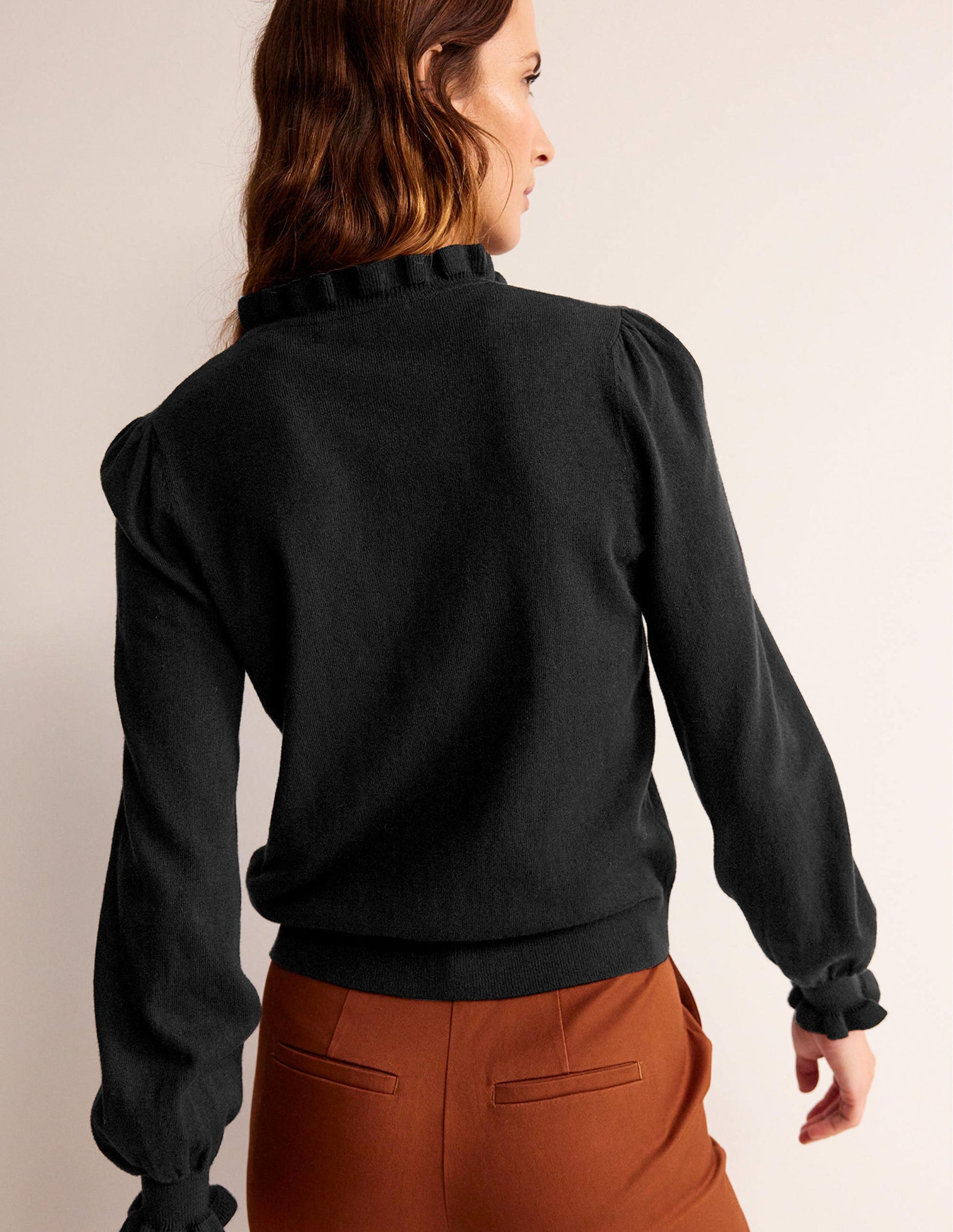 Ruffle Tie-Neck Jumper-Black-3