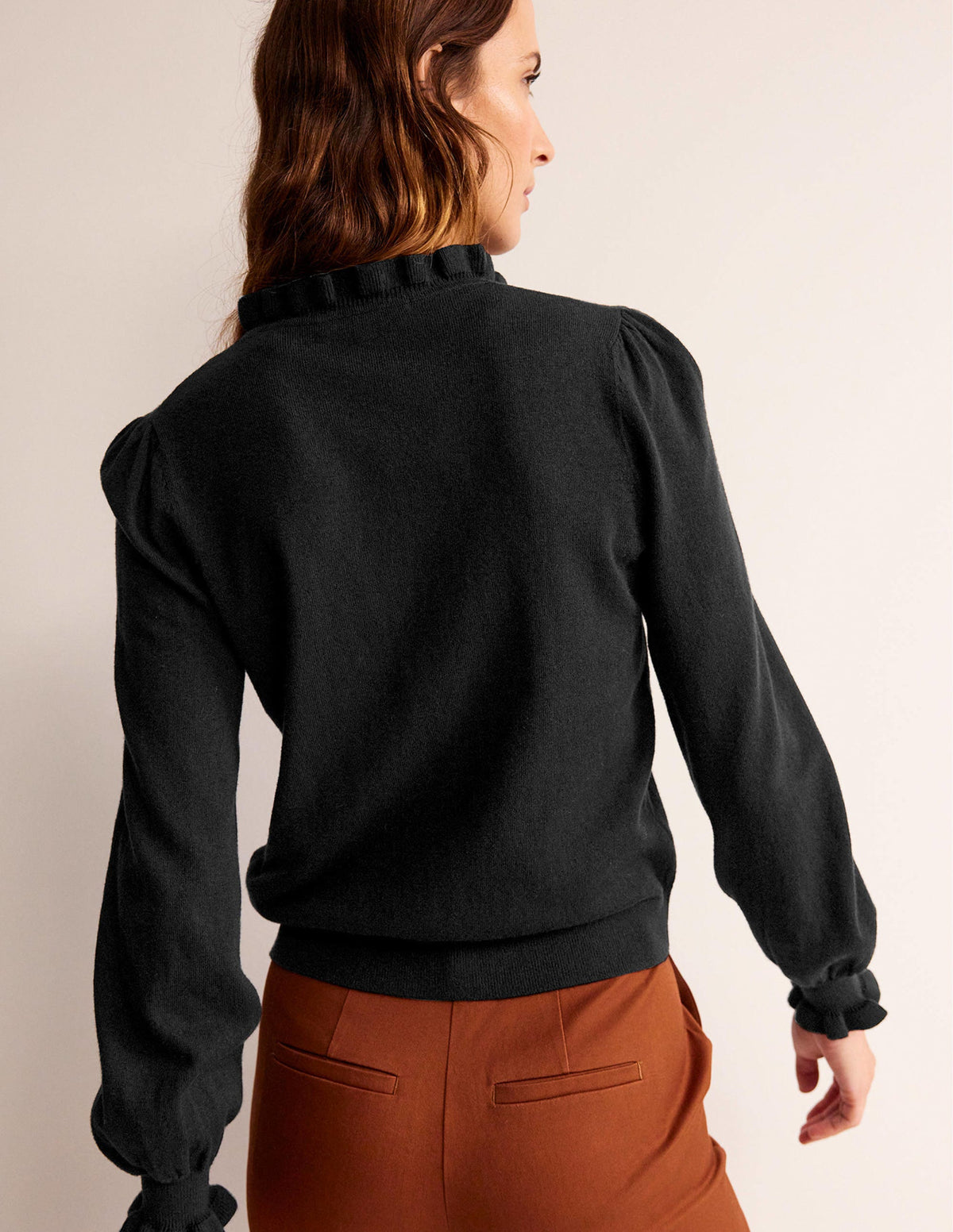 Ruffle Tie-Neck Jumper-Black - Image 3