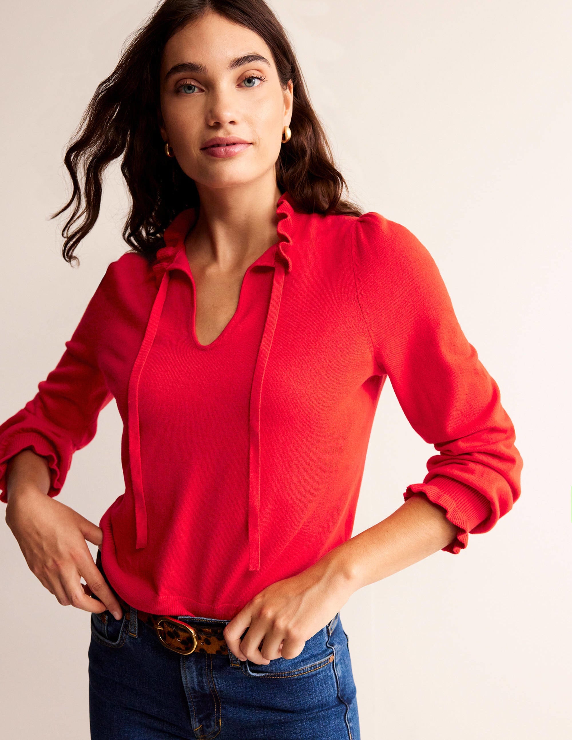 Ruffle Tie-Neck Jumper-Brilliant Red - Image 1