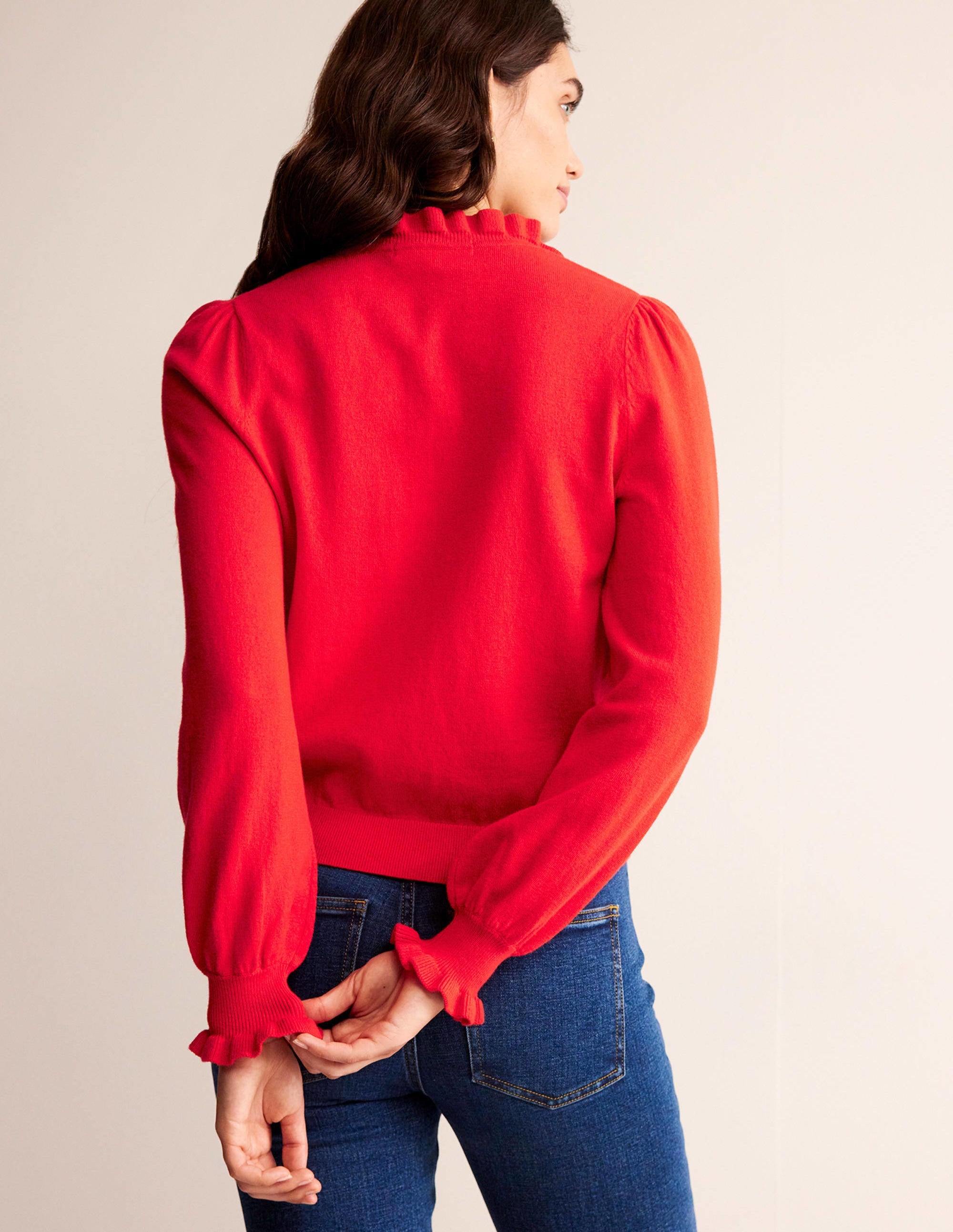 Ruffle Tie-Neck Jumper-Brilliant Red - Image 3