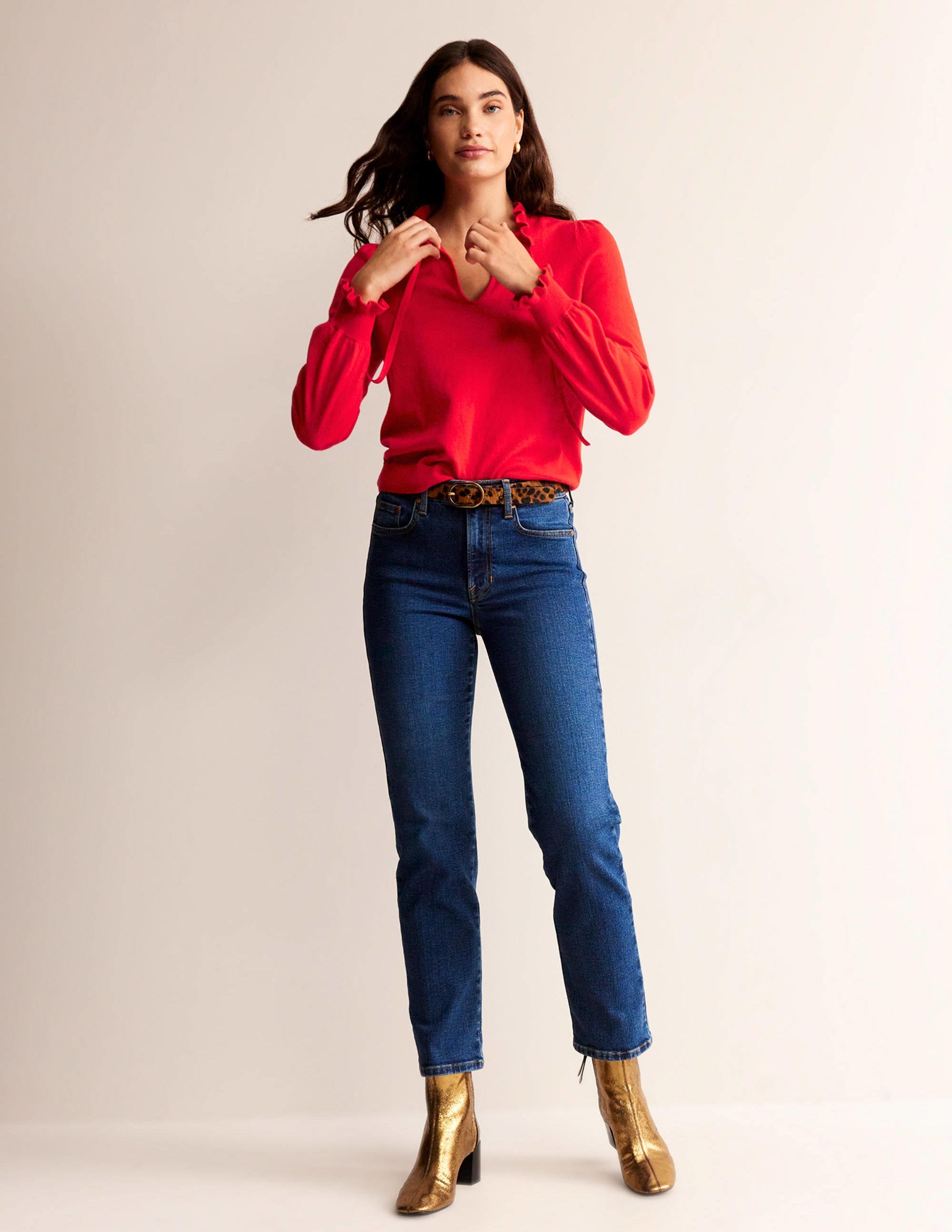 Ruffle Tie-Neck Jumper-Brilliant Red - Image 4