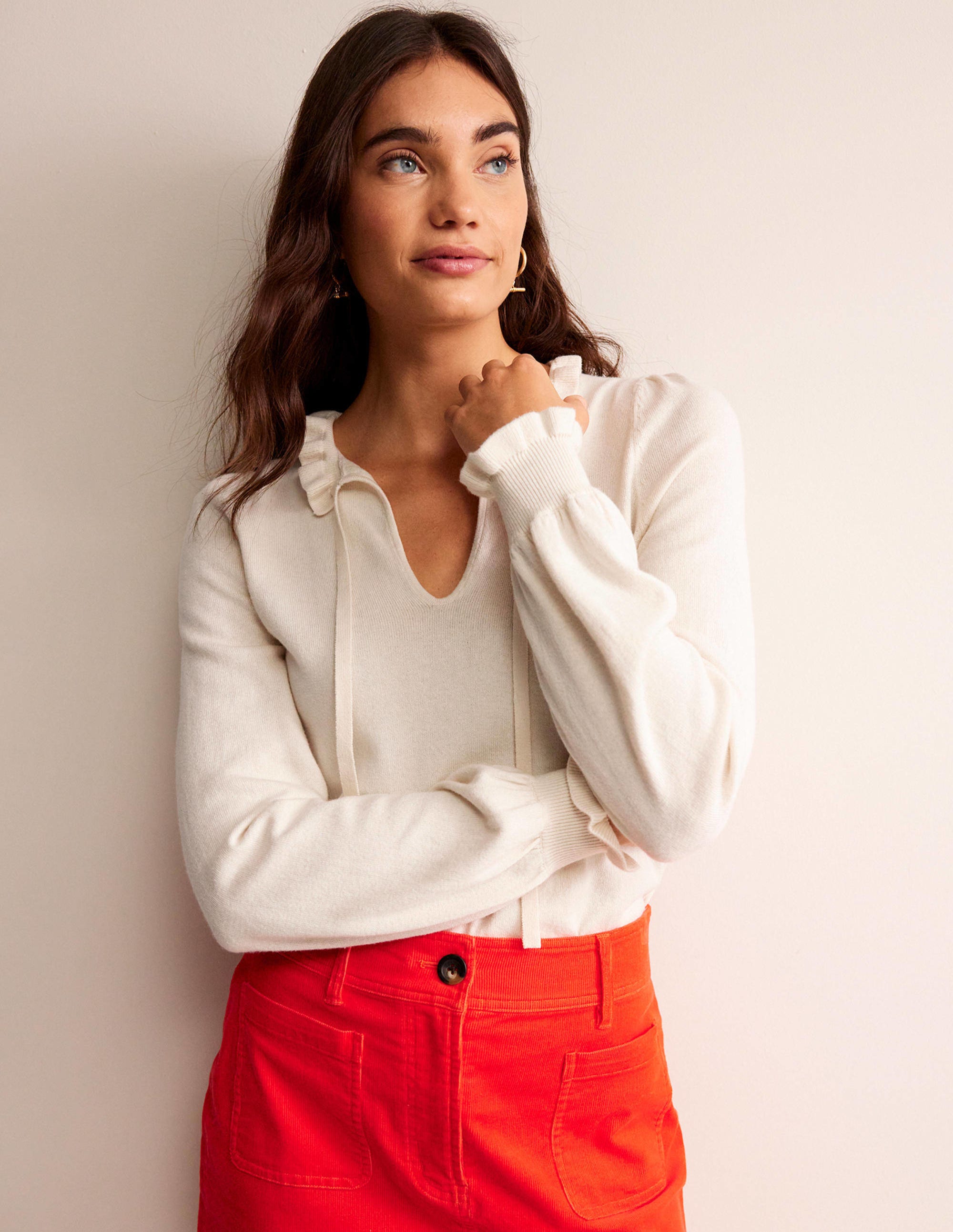 Ruffle Tie-Neck Jumper-Ivory - Image 4