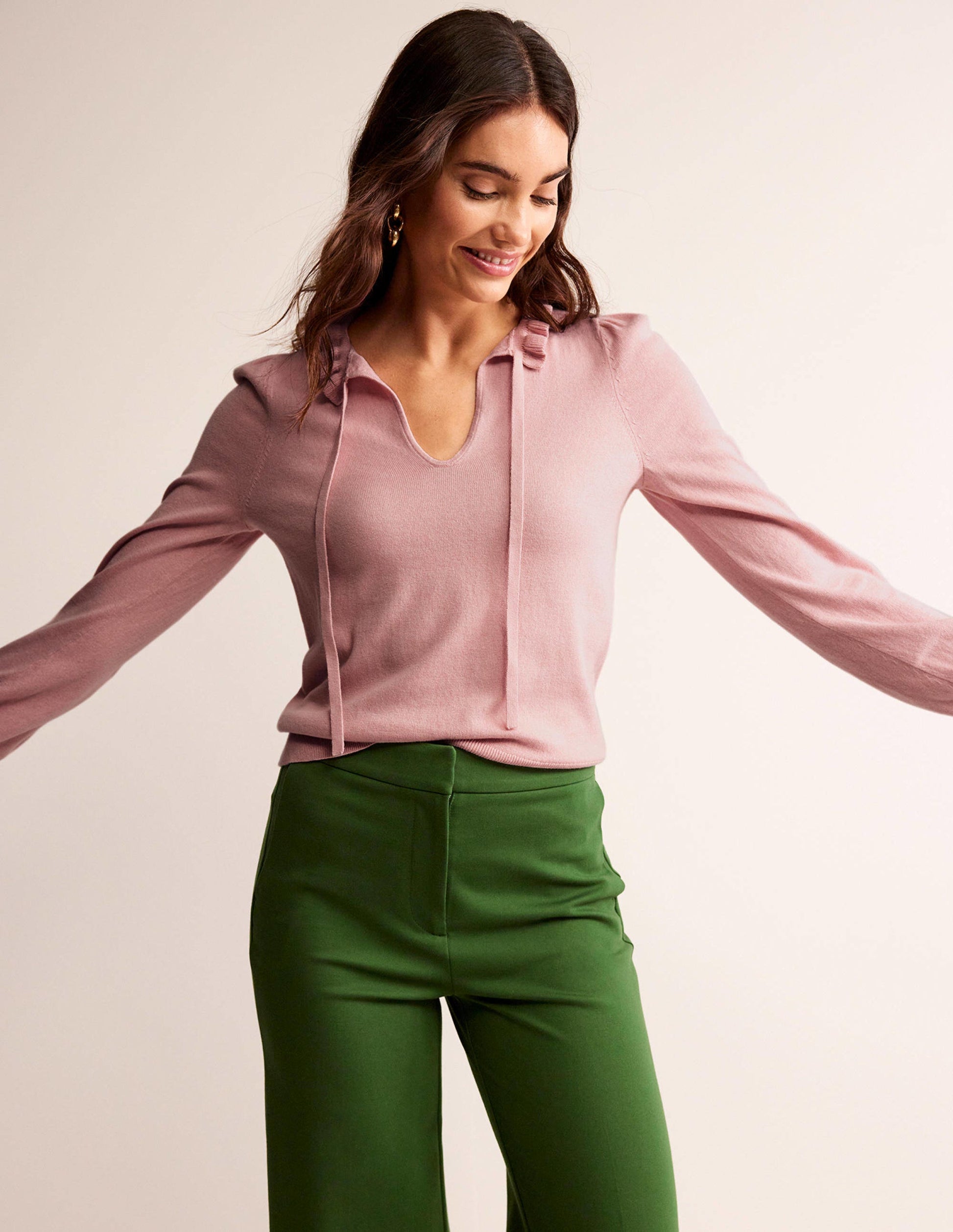 Ruffle Tie-Neck Jumper-Peachskin-1