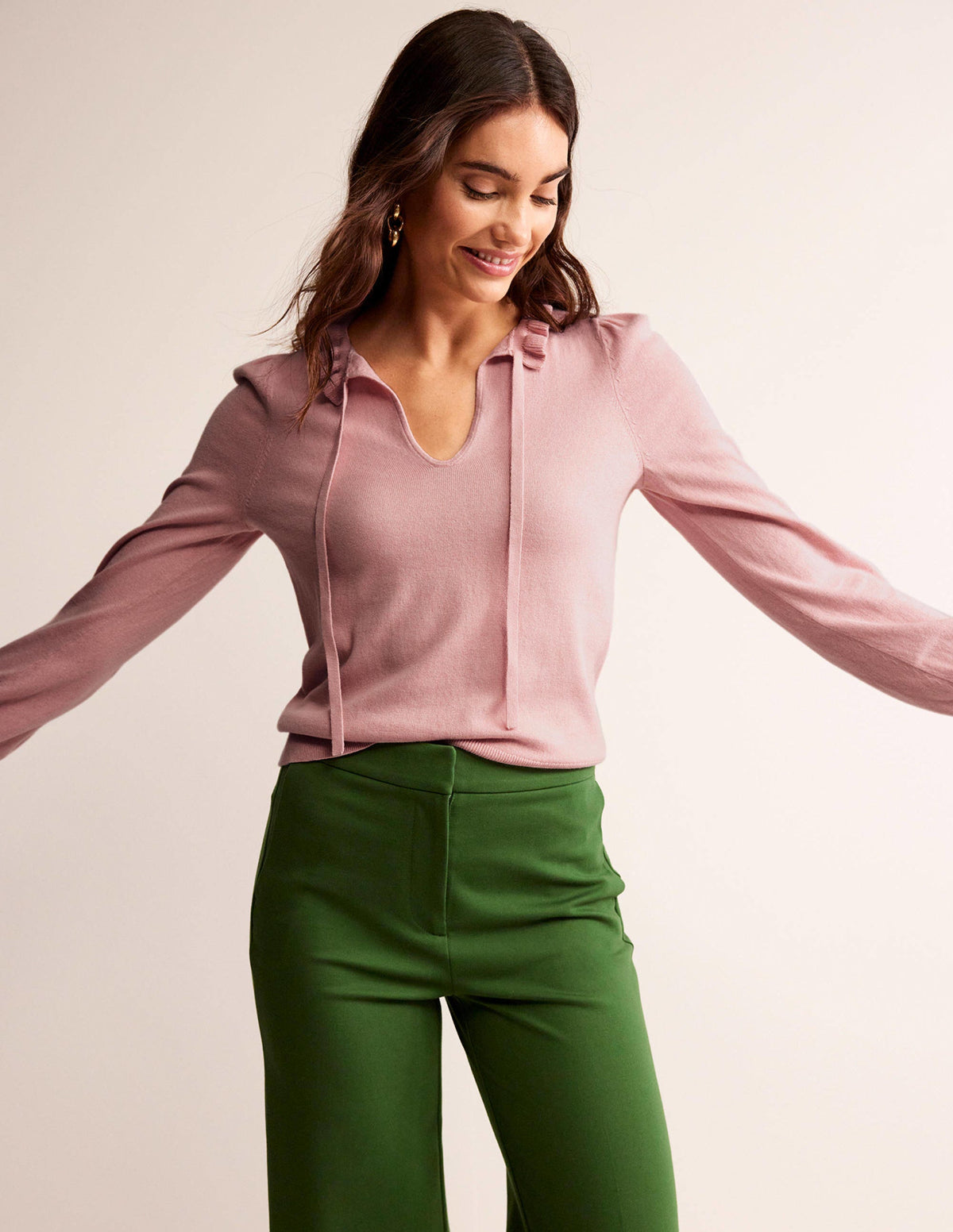 Ruffle Tie-Neck Jumper-Peachskin - Image 1