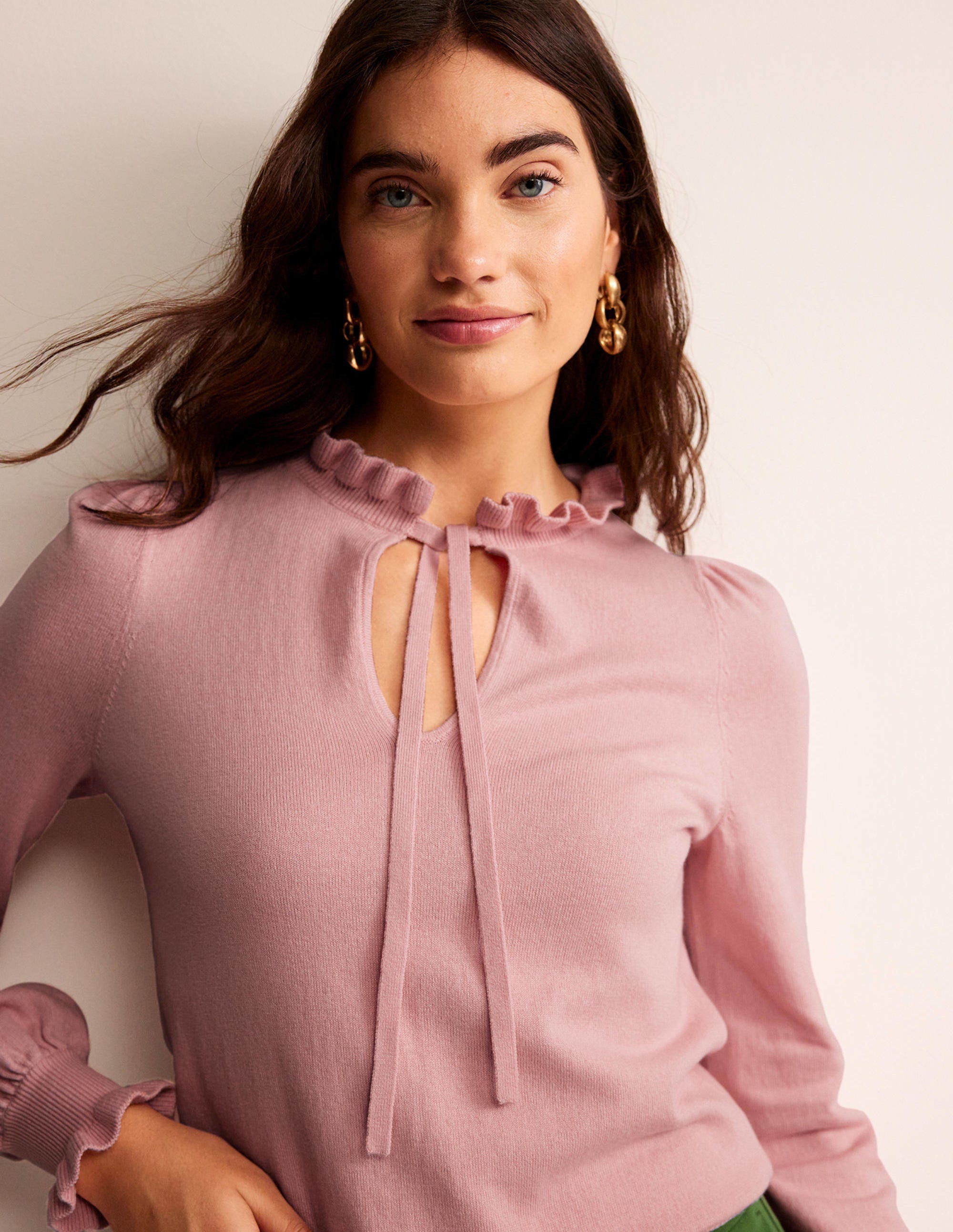 Ruffle Tie-Neck Jumper-Peachskin - Image 2