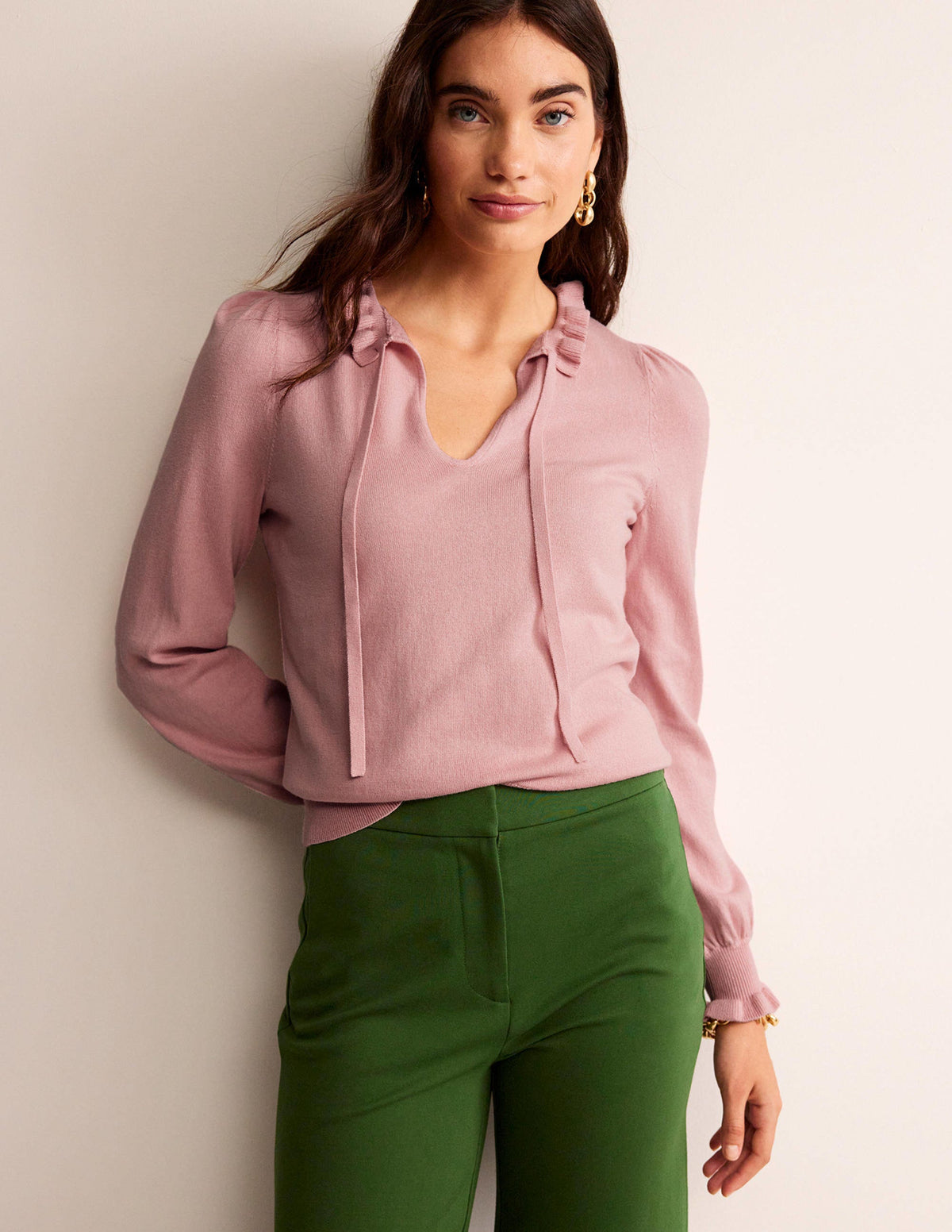 Ruffle Tie-Neck Jumper-Peachskin-4