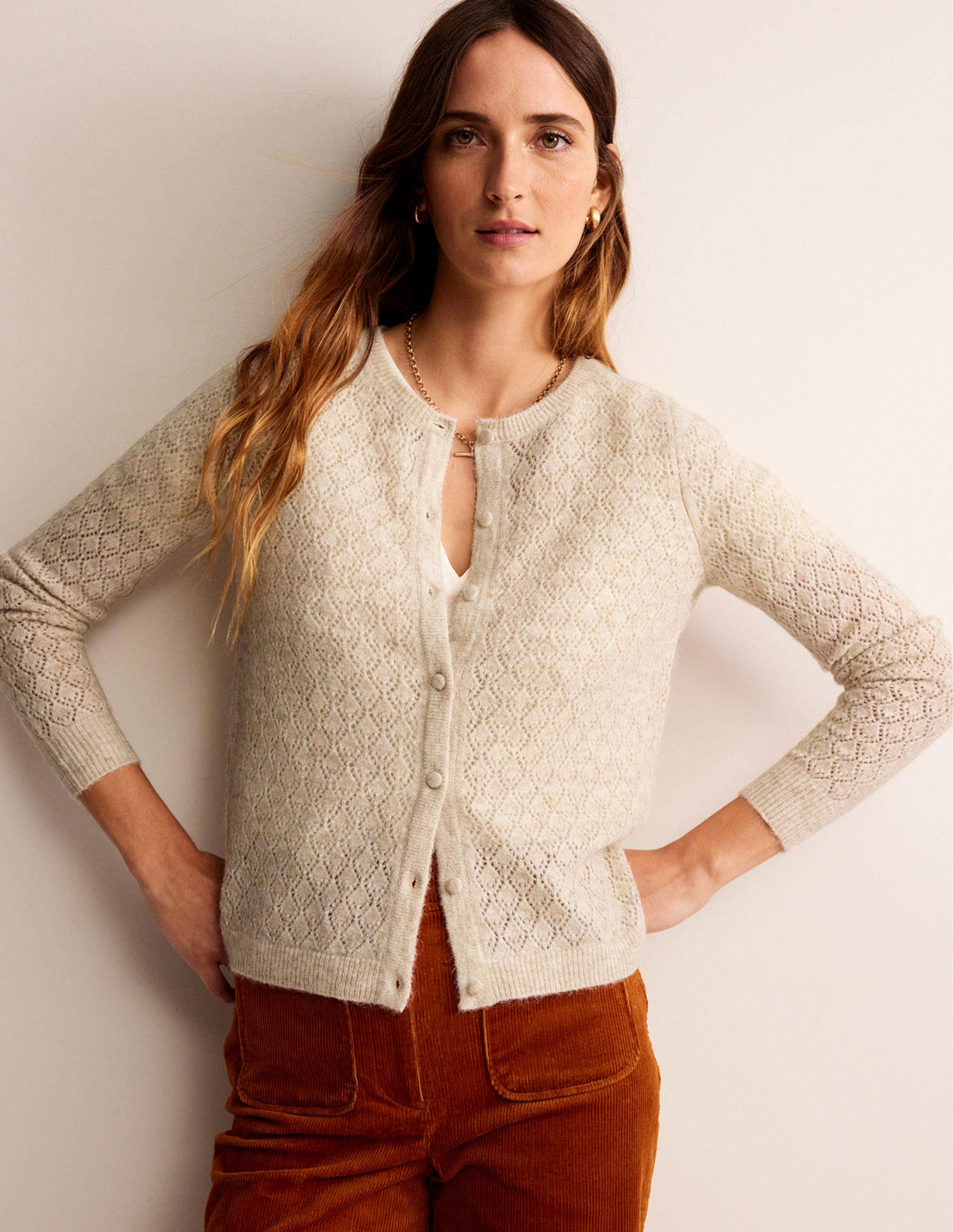 Fluffy Pointelle Cardigan-Oatmeal Melange - Image 4