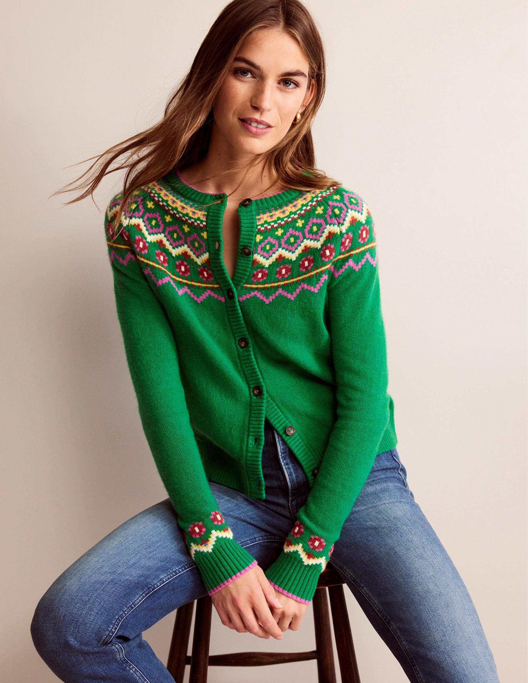 Edie Fair Isle Cardigan-Green Fair Isle - Image 1