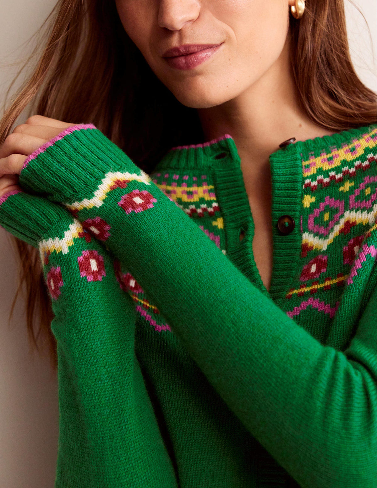 Edie Fair Isle Cardigan-Green Fair Isle - Image 2