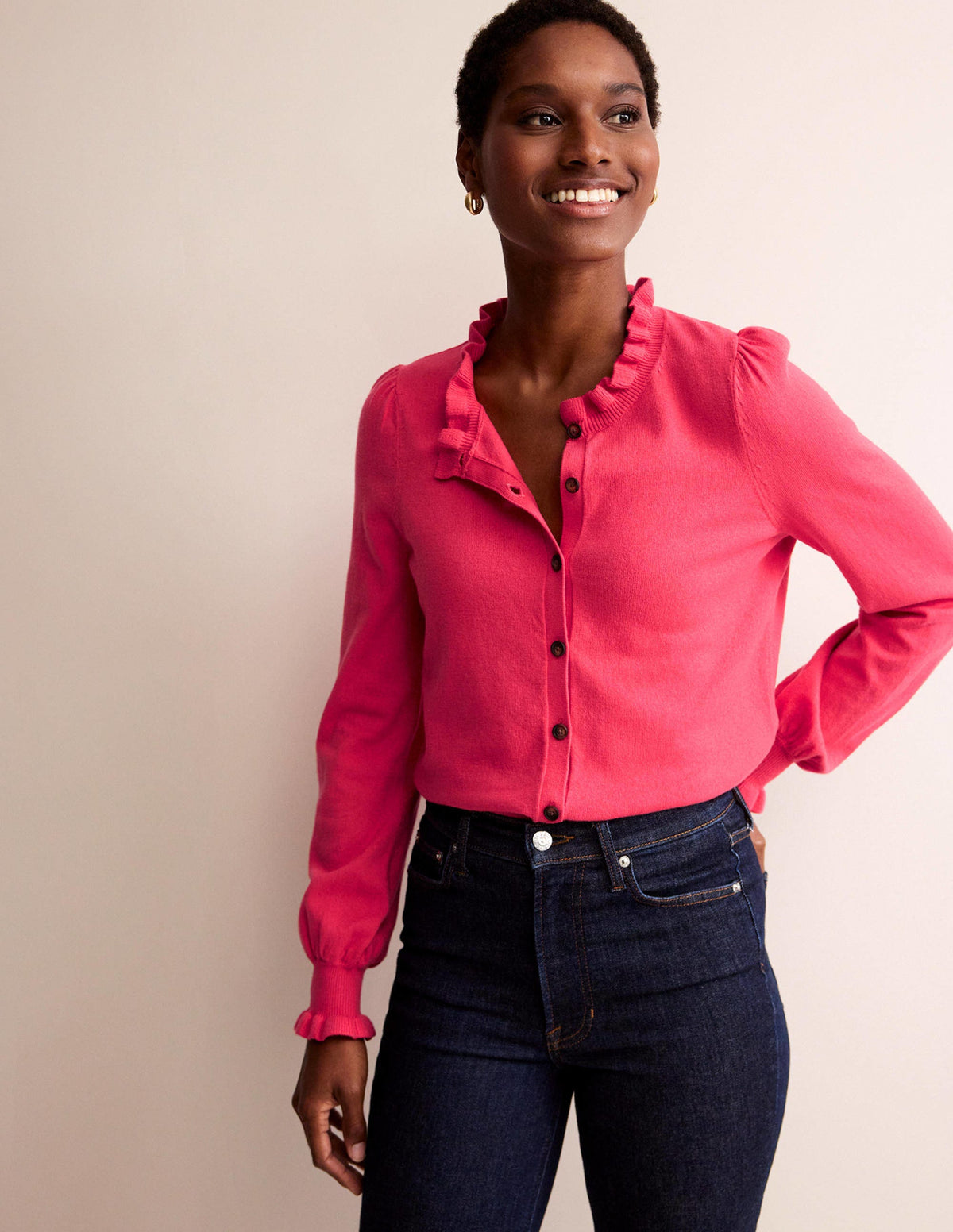 Ruffle-Neck Cardigan-Raspberry - Image 1
