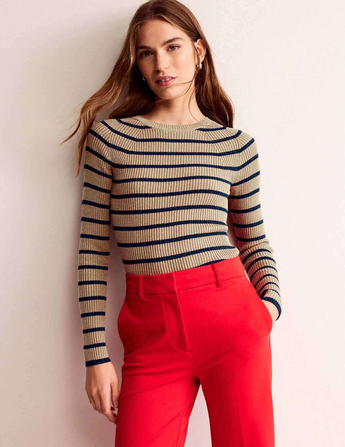 Effie Sparkle Stripe Jumper-Camel and Navy Stripe - Image 1