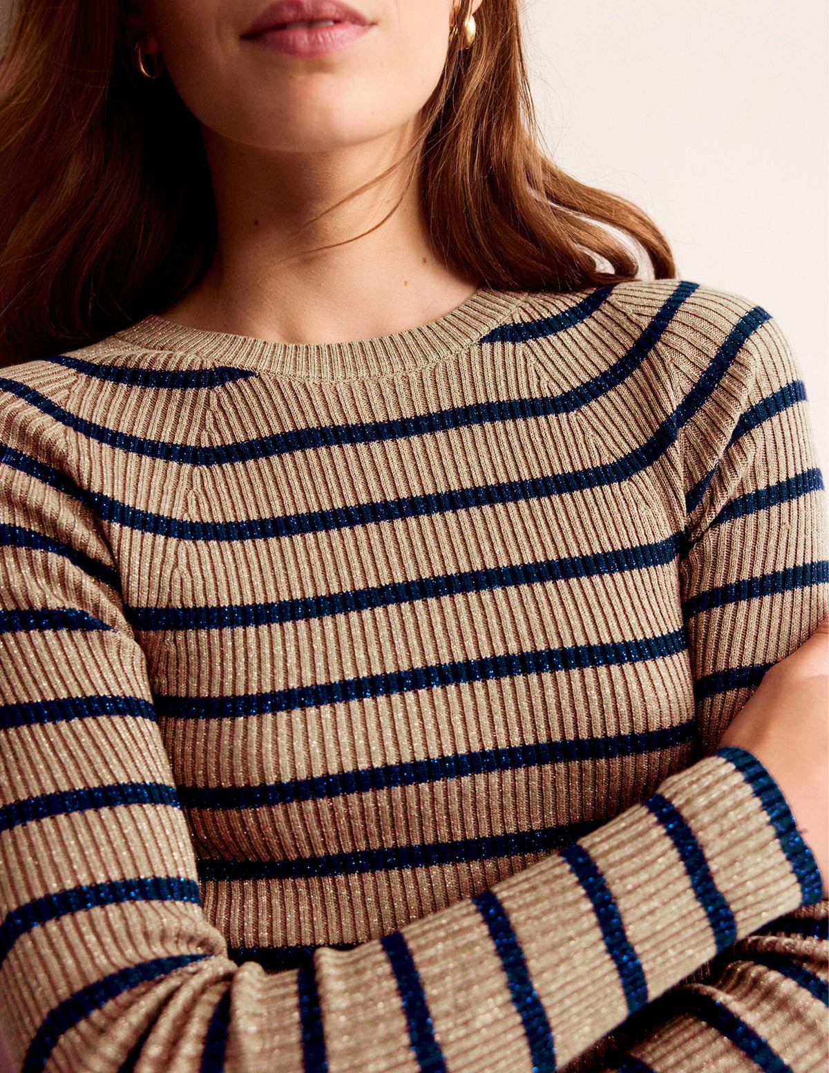 Effie Sparkle Stripe Jumper-Camel and Navy Stripe - Image 2