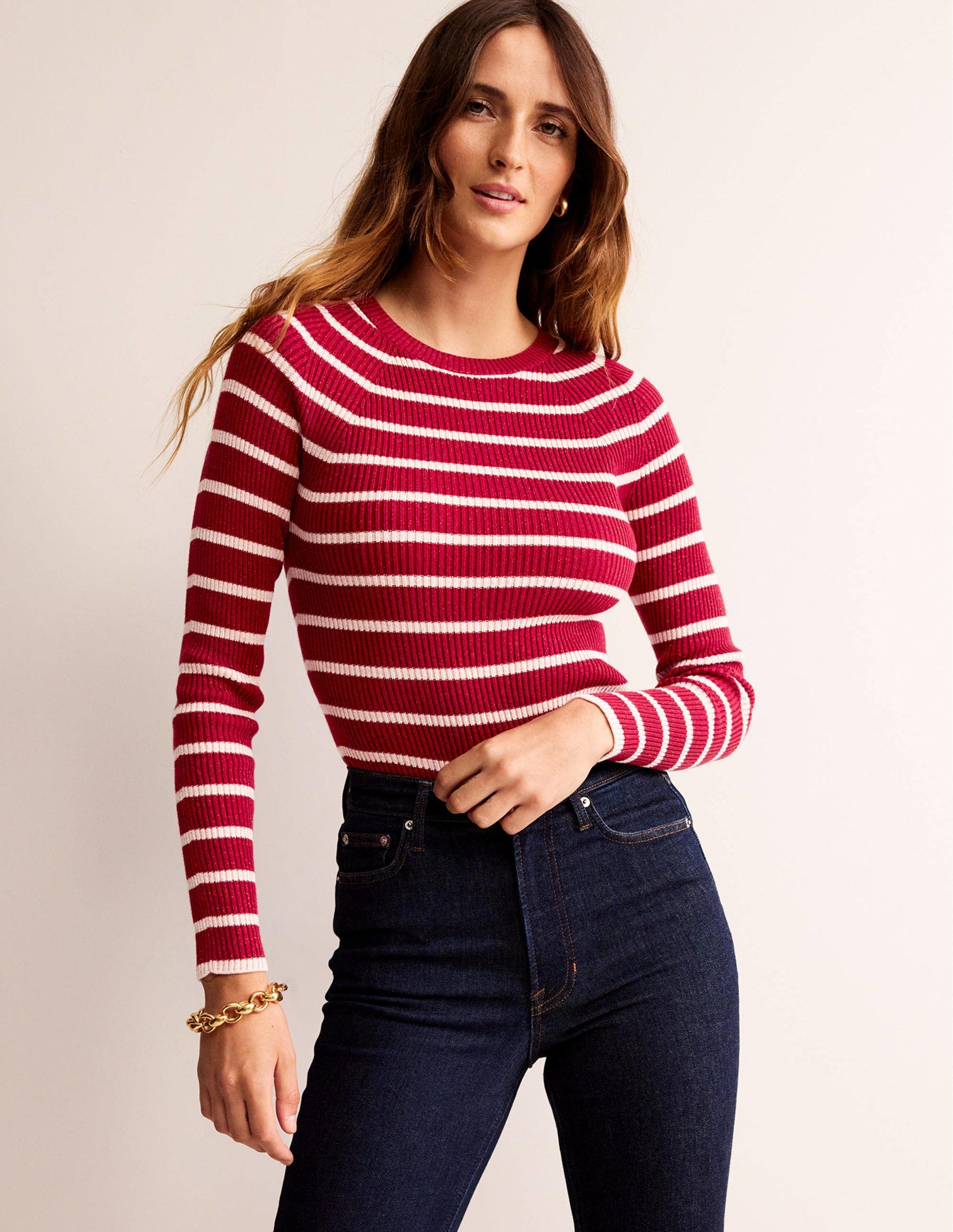 Effie Sparkle Stripe Jumper-Red, Chalky Pink Stripe-1