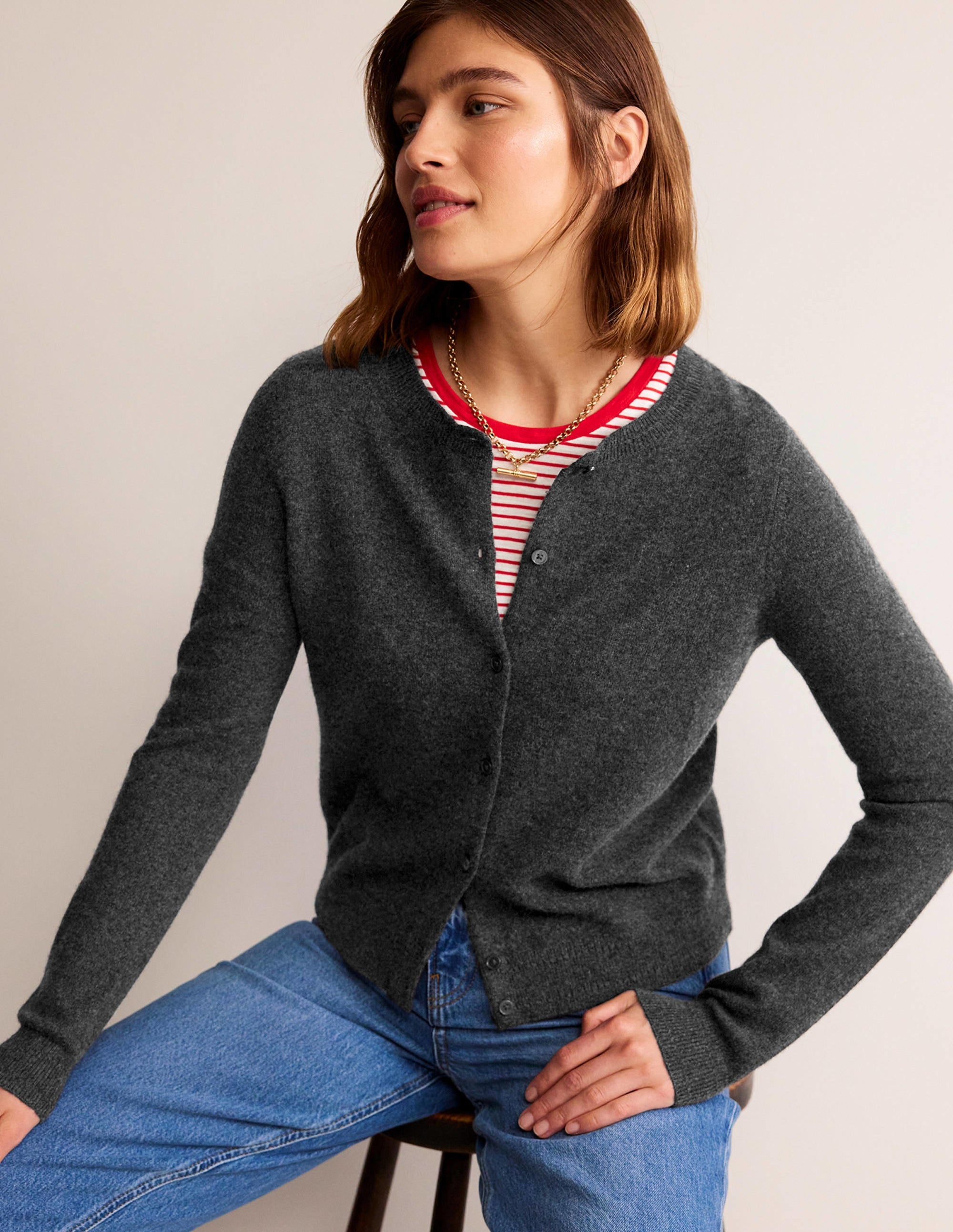 Eva Cashmere Crew Cardigan-Charcoal Melange - Image 1