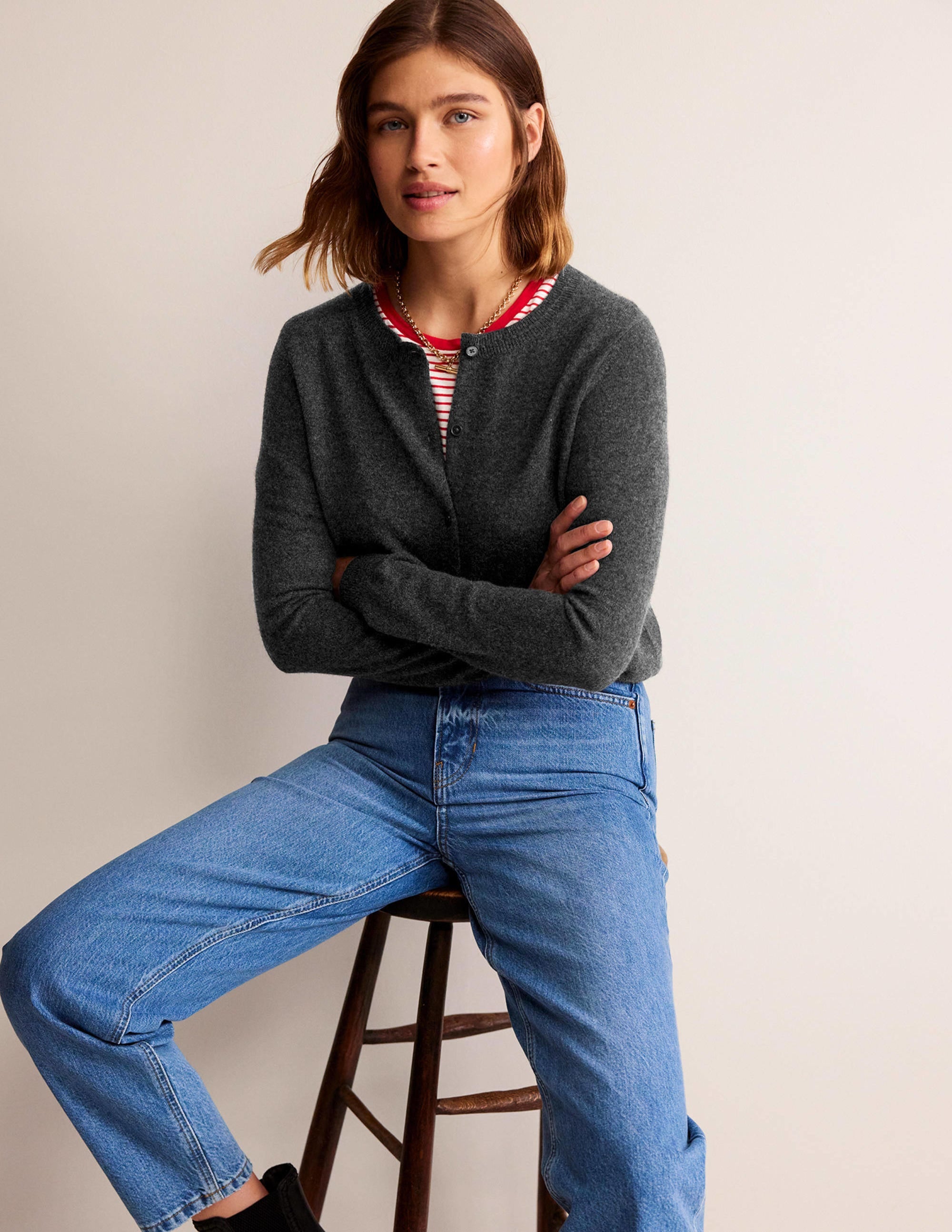 Eva Cashmere Crew Cardigan-Charcoal Melange - Image 4