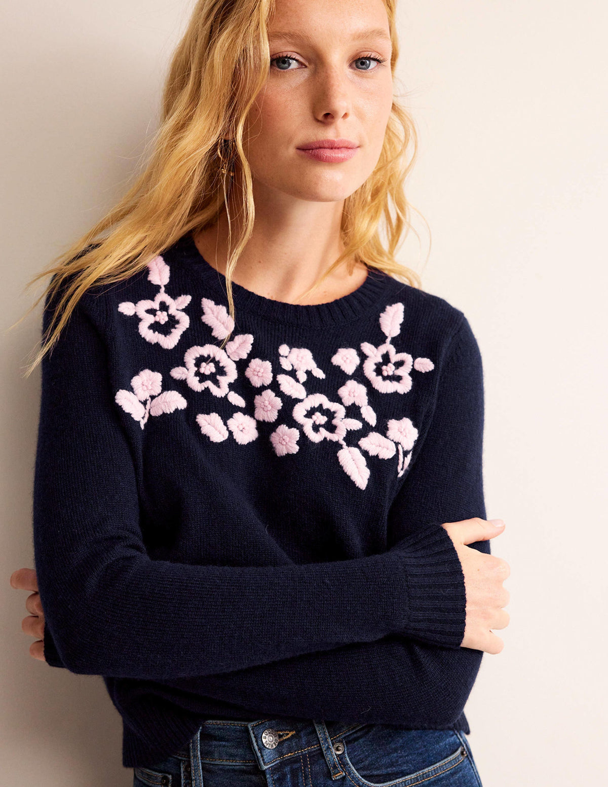 Embroidered Crew Neck Jumper-Navy-2