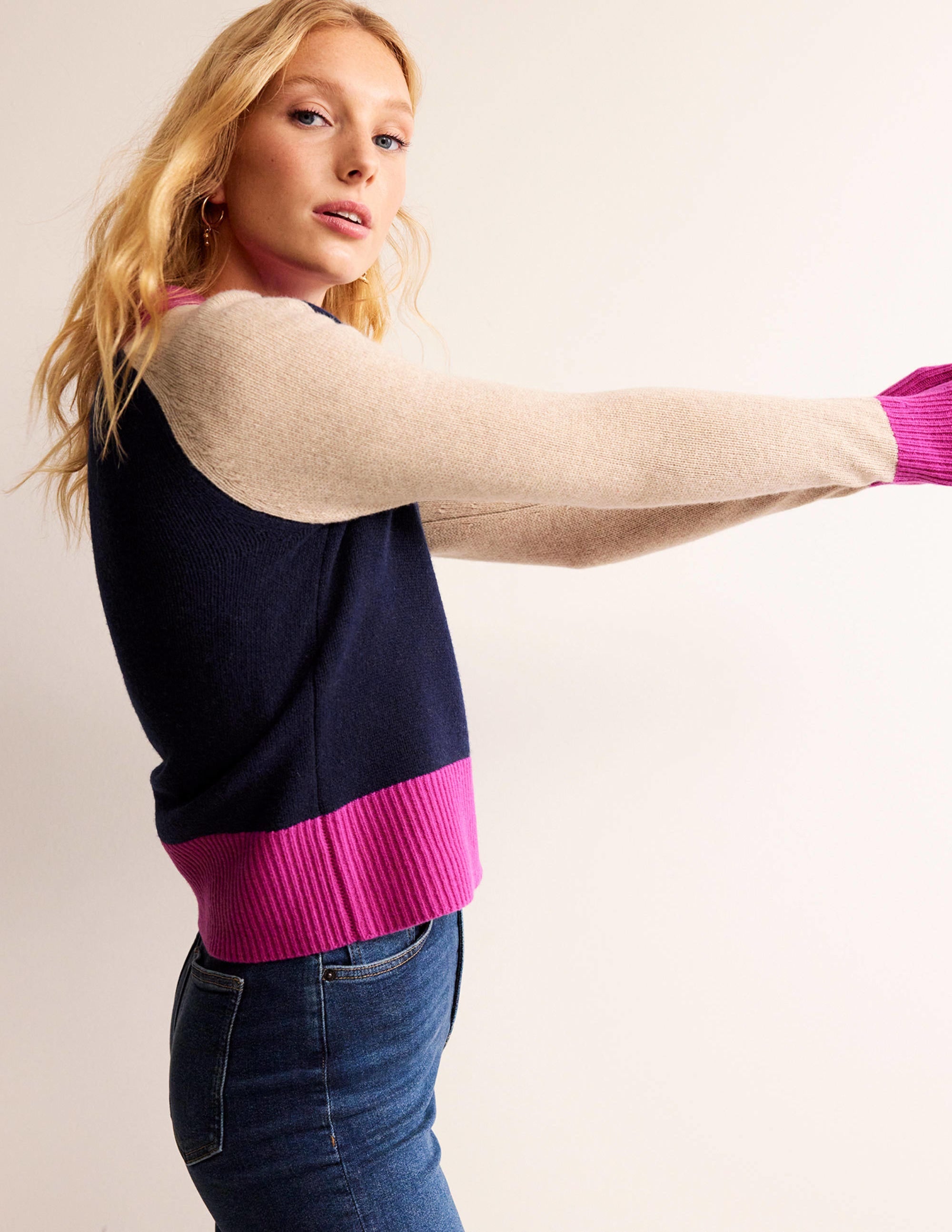 Olivia Merino Cardigan-French Navy Colourblock - Image 1