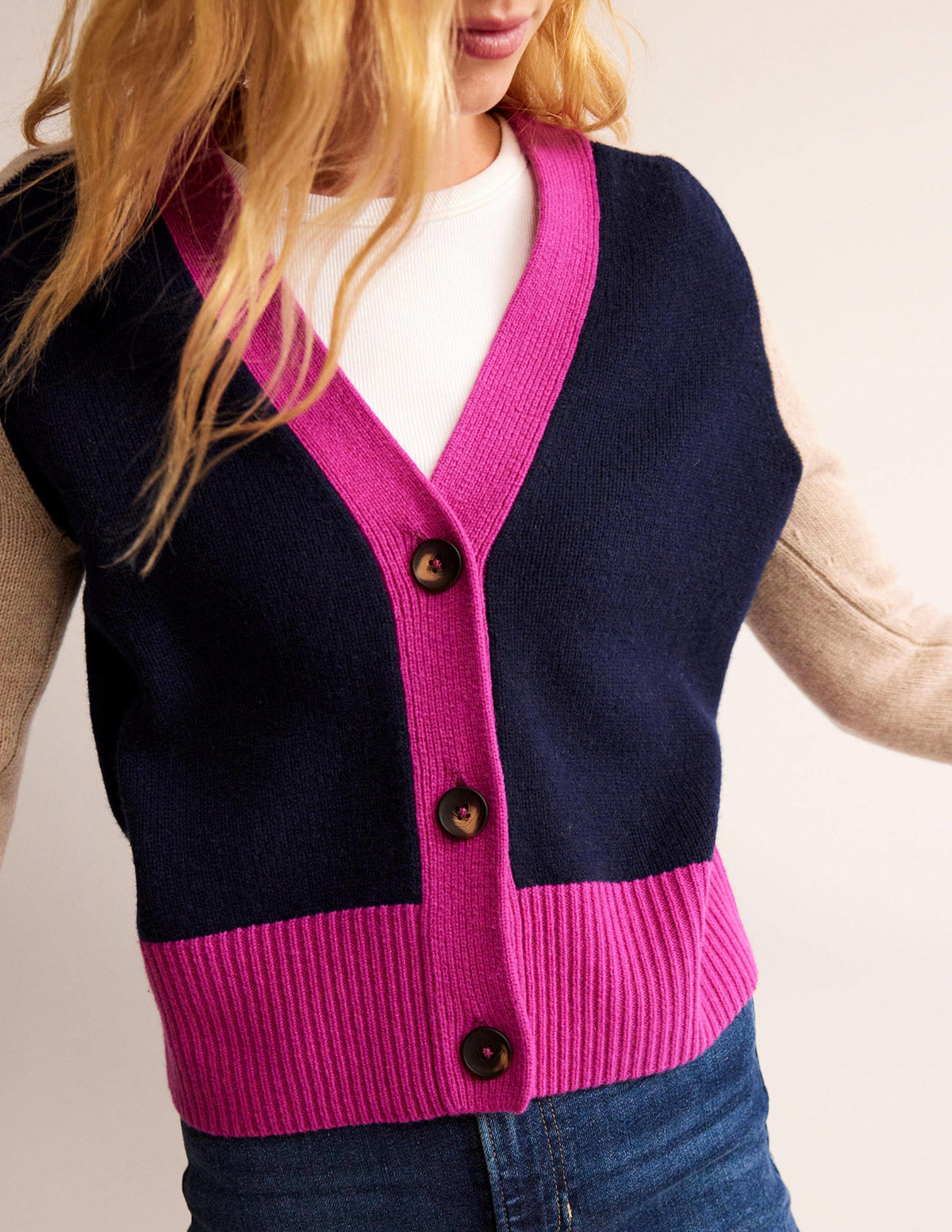 Olivia Merino Cardigan-French Navy Colourblock - Image 2