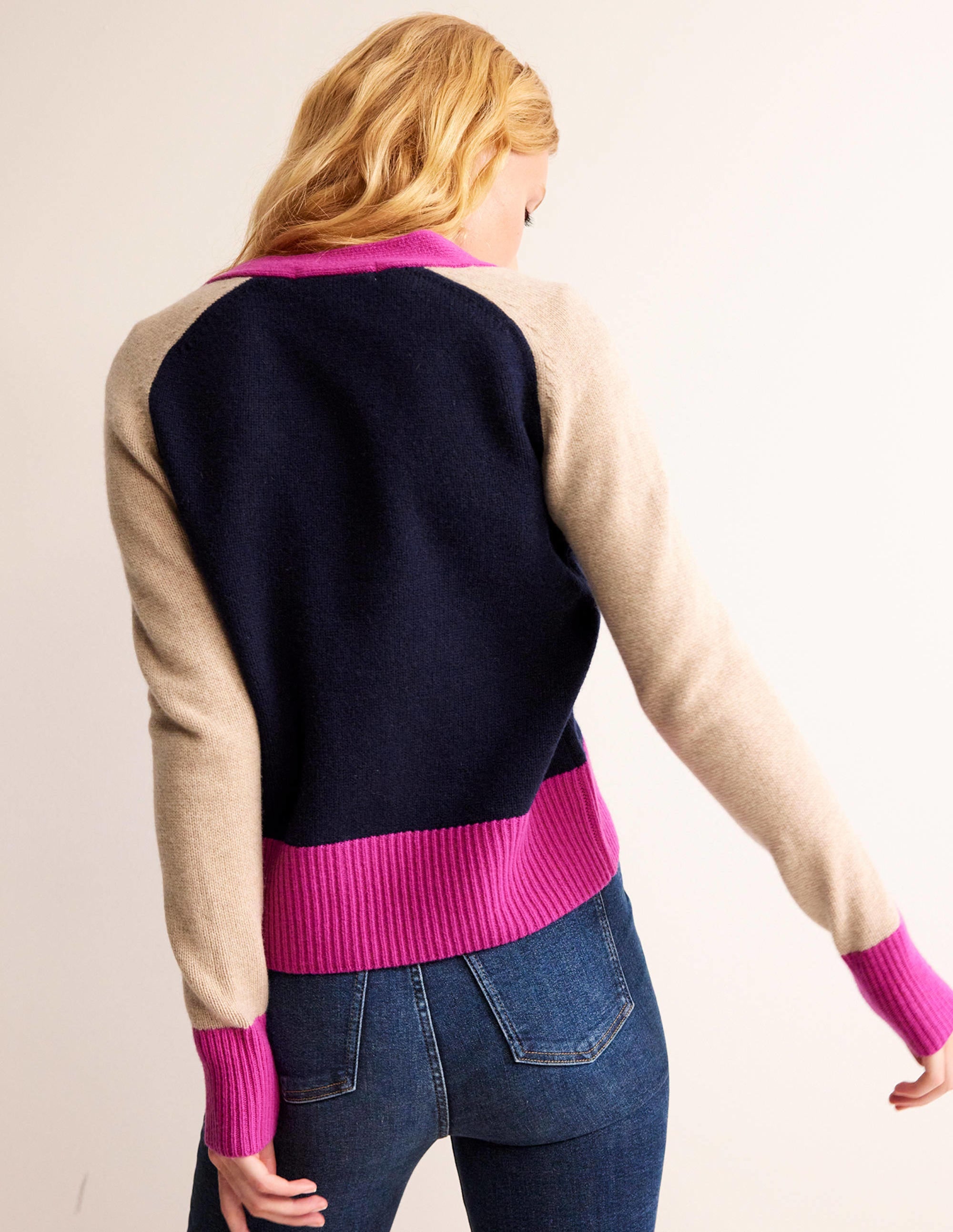 Olivia Merino Cardigan-French Navy Colourblock - Image 3