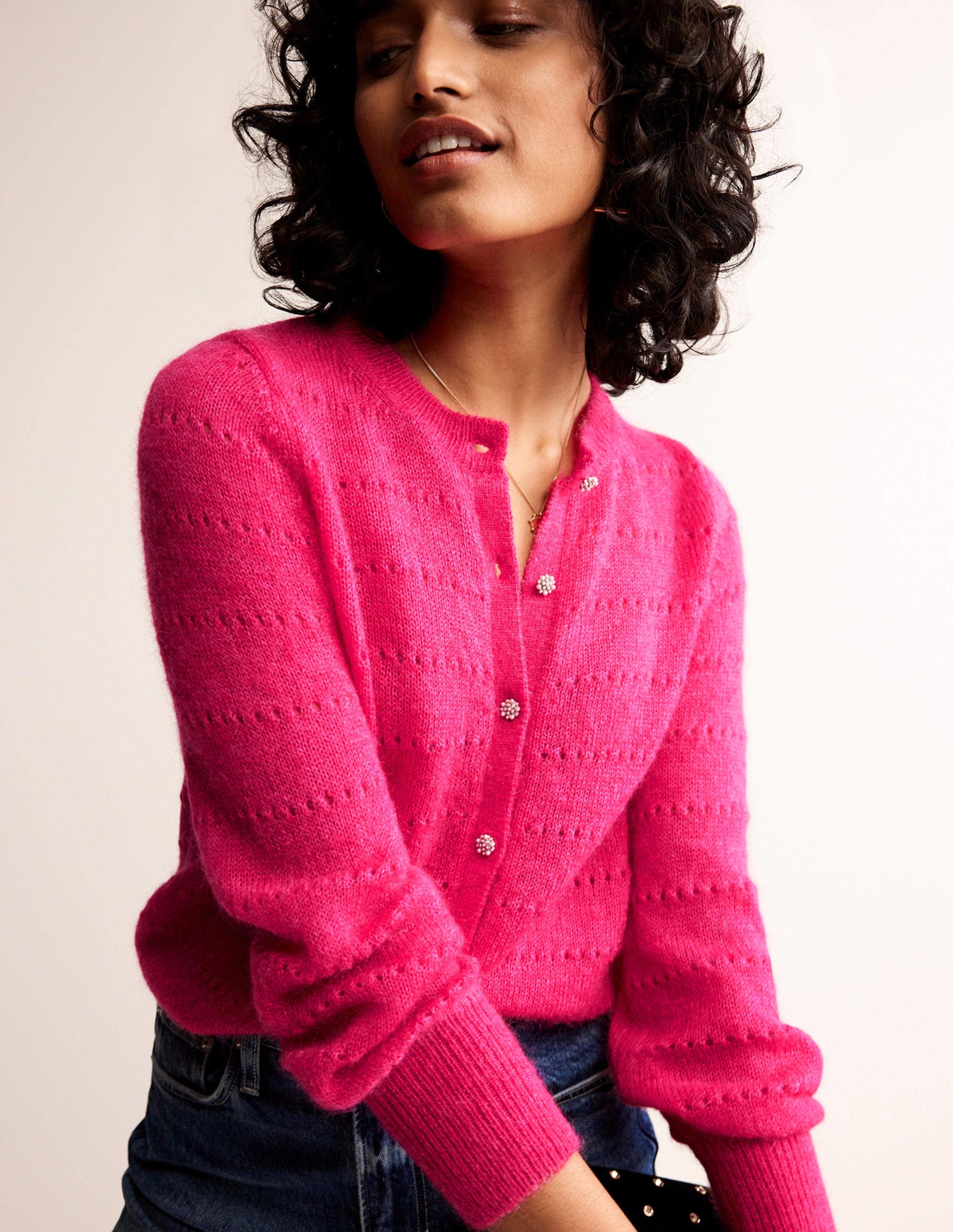 Fluffy Textured Cardigan-Vibrant Pink-1