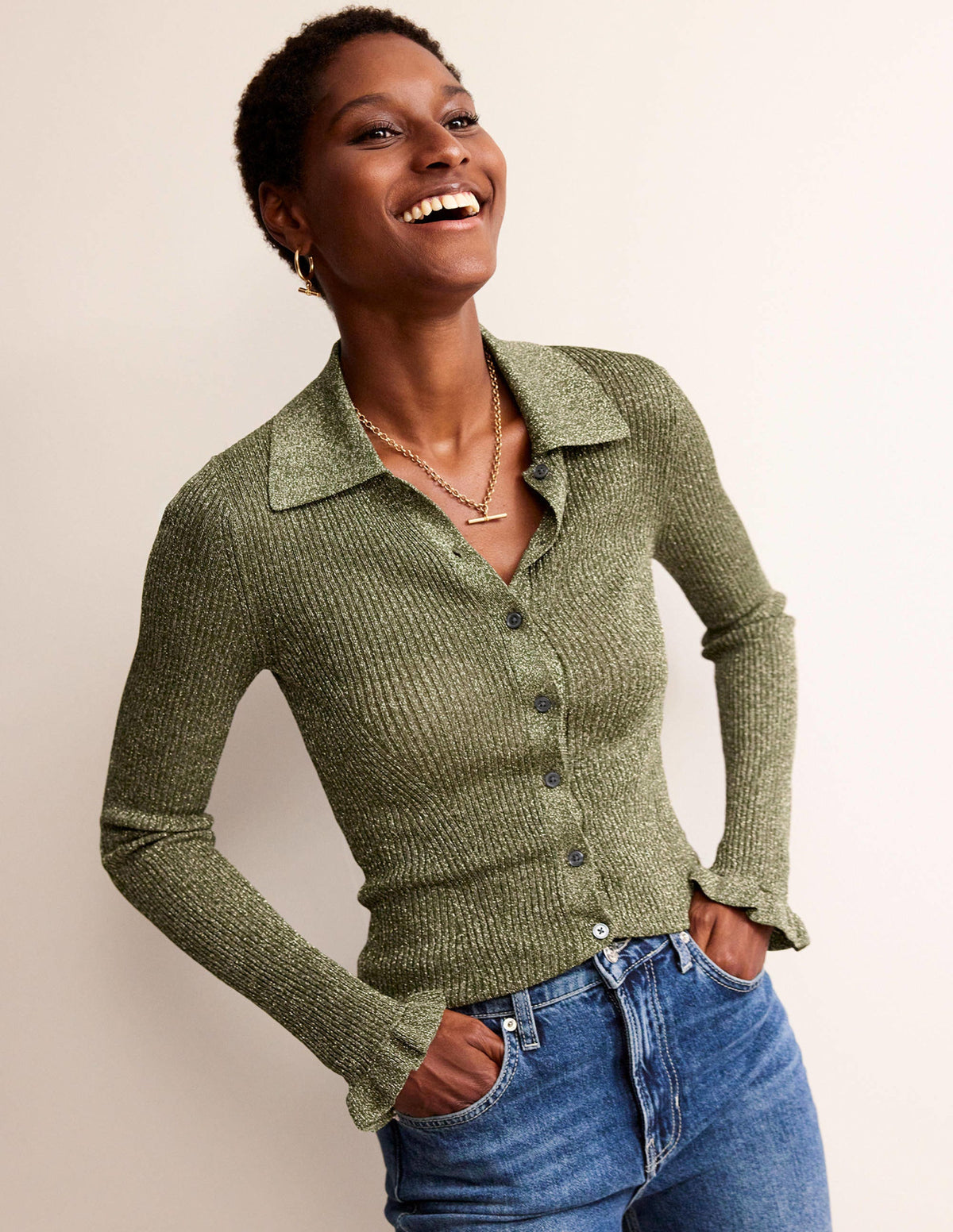 Sparkle-Rib Collared Cardigan-Olive Metallic-1