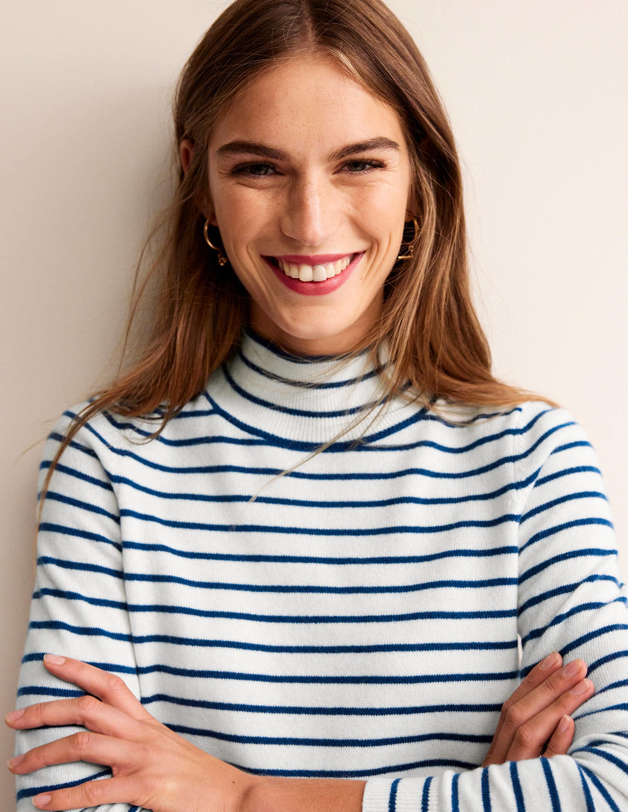 Striped Cashmere Jumper-Ivory / Navy - Image 1