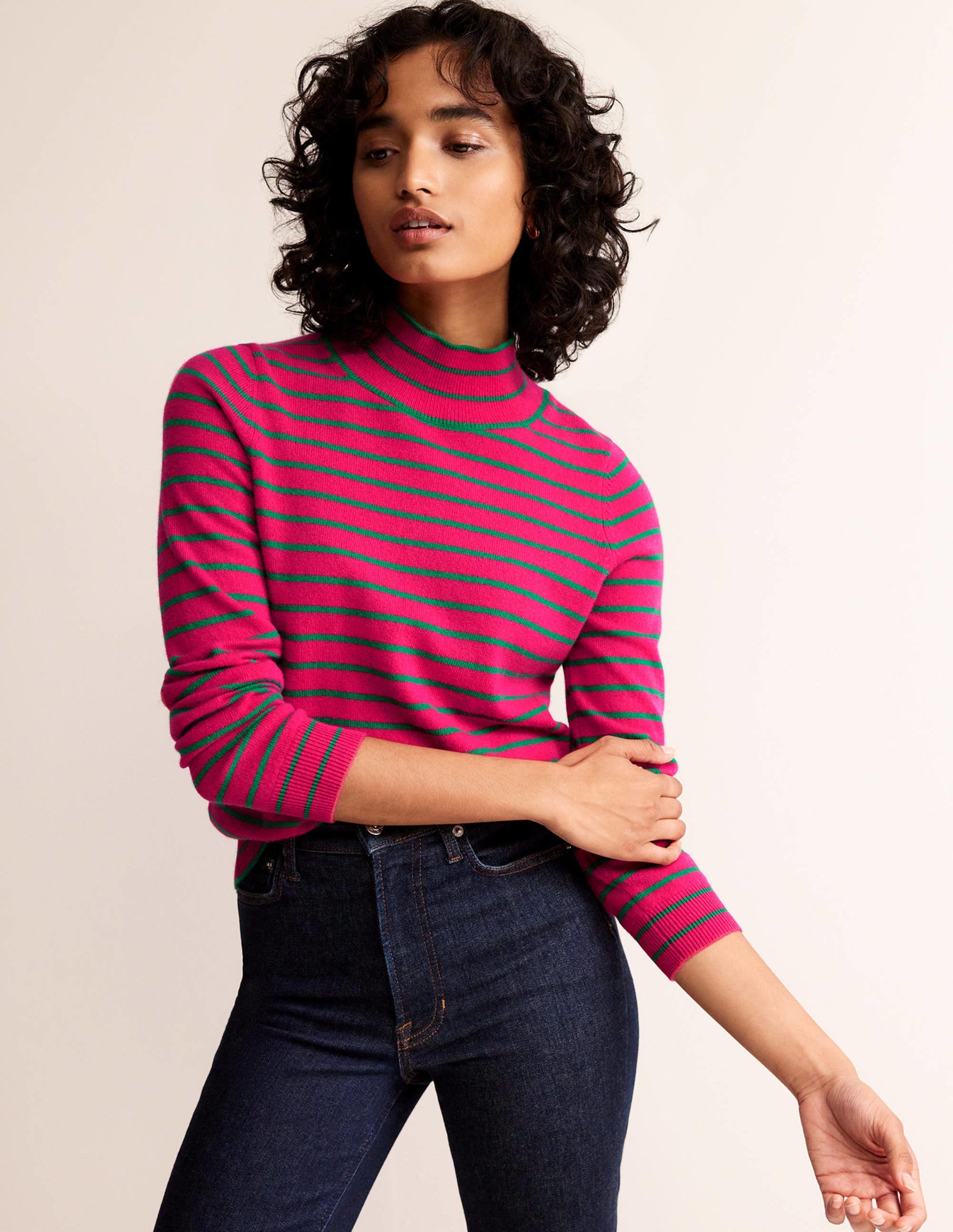 Striped Cashmere Jumper-Vibrant Pink / Veridian Green - Image 1