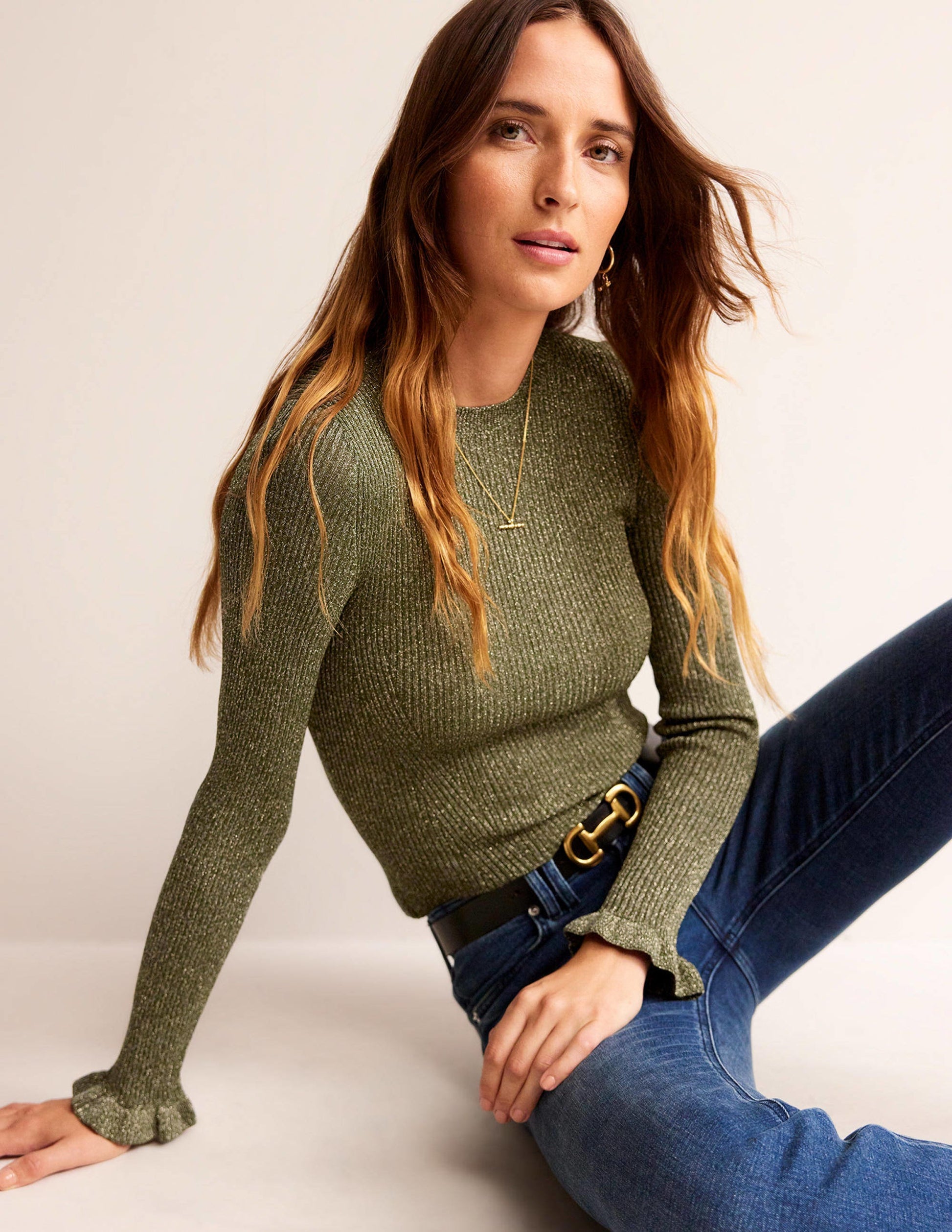 Sparkle Rib Party Jumper-Olive Metallic-1