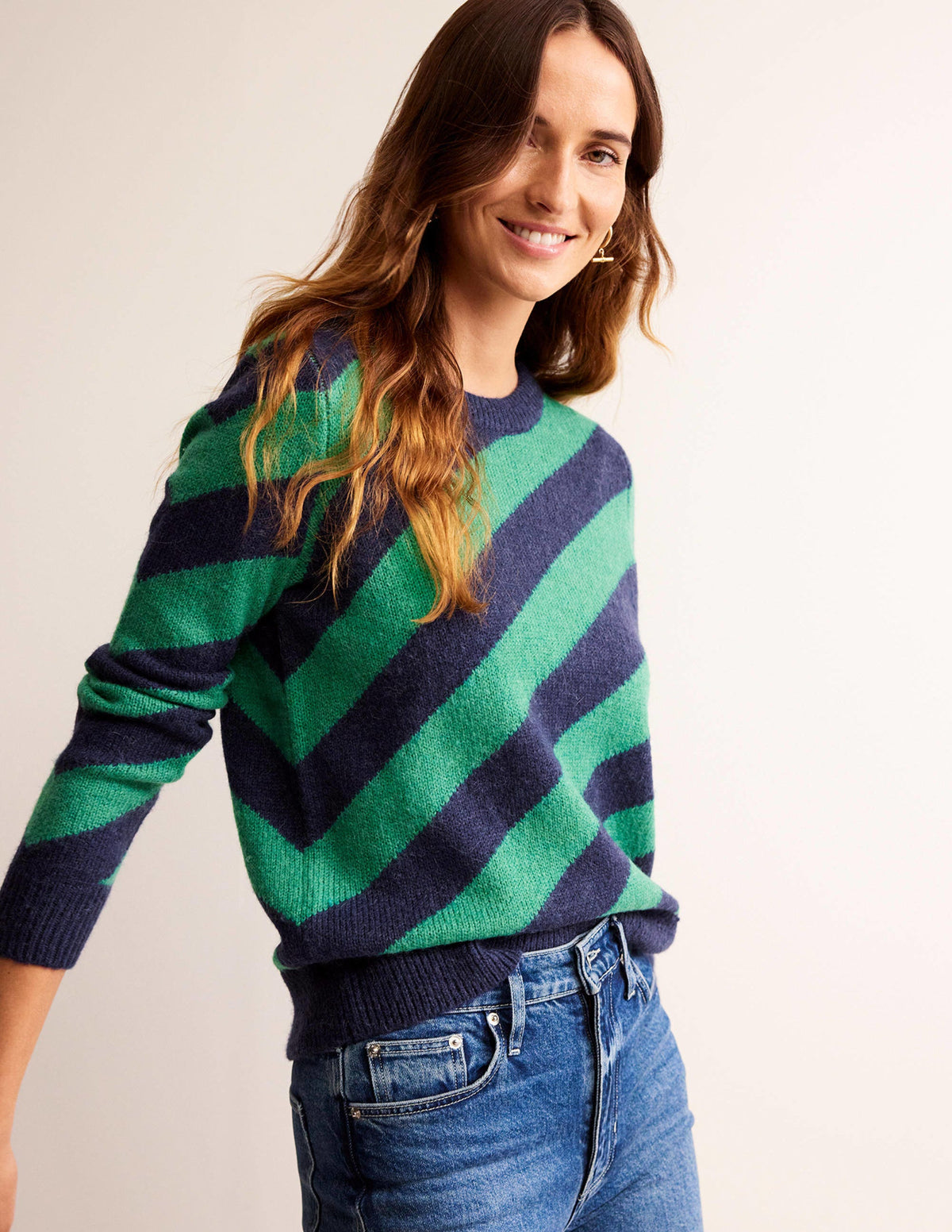 Fluffy Diagonal Stripe Jumper-Navy and Green Stripe - Image 1