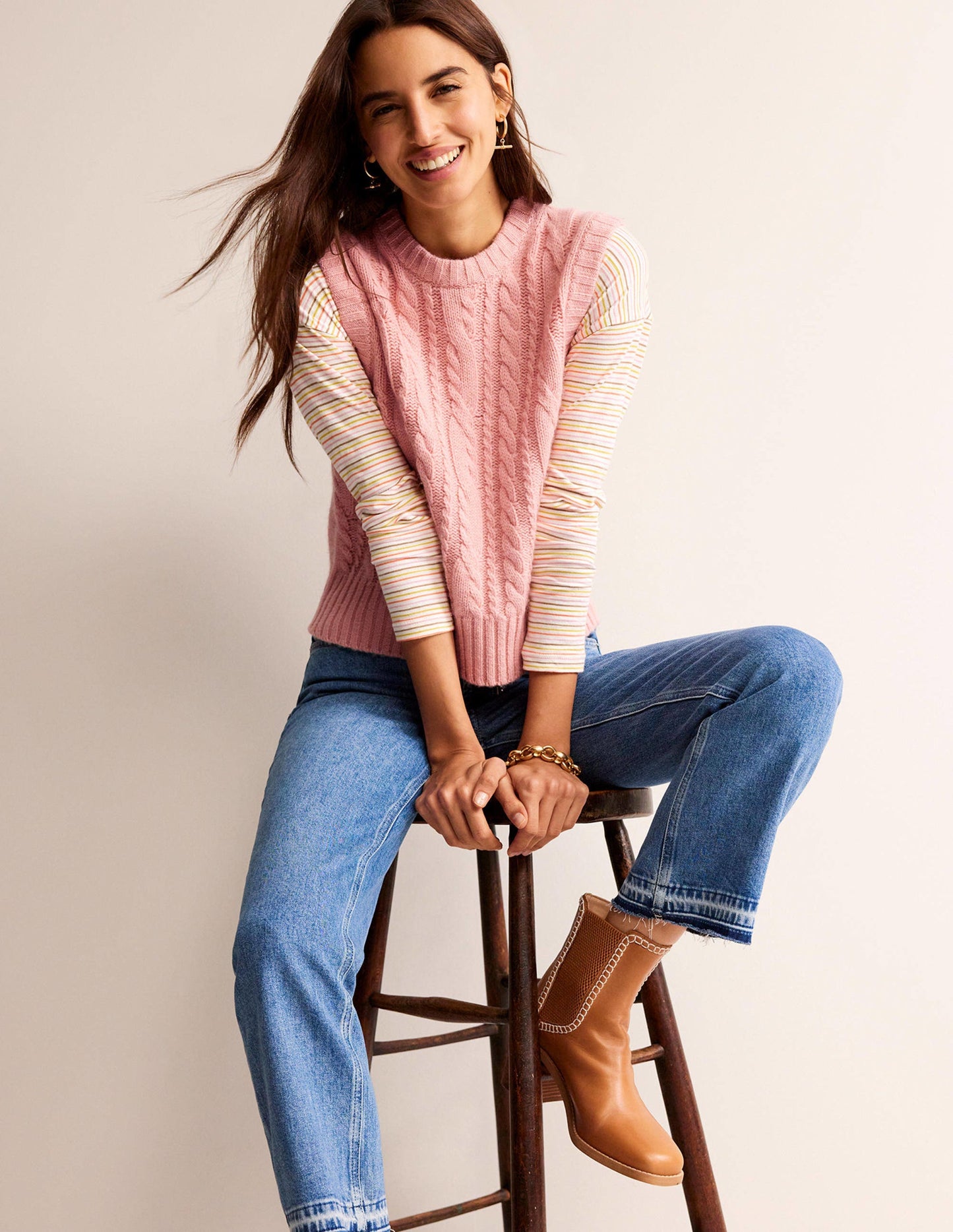 Cable Crew Neck Tank-Chalky Pink