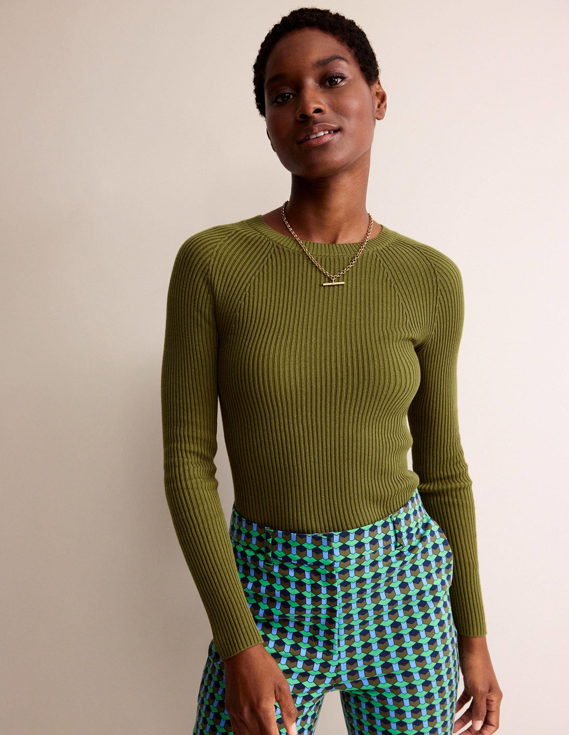 Ribbed Cotton Jumper-Green Olive-1