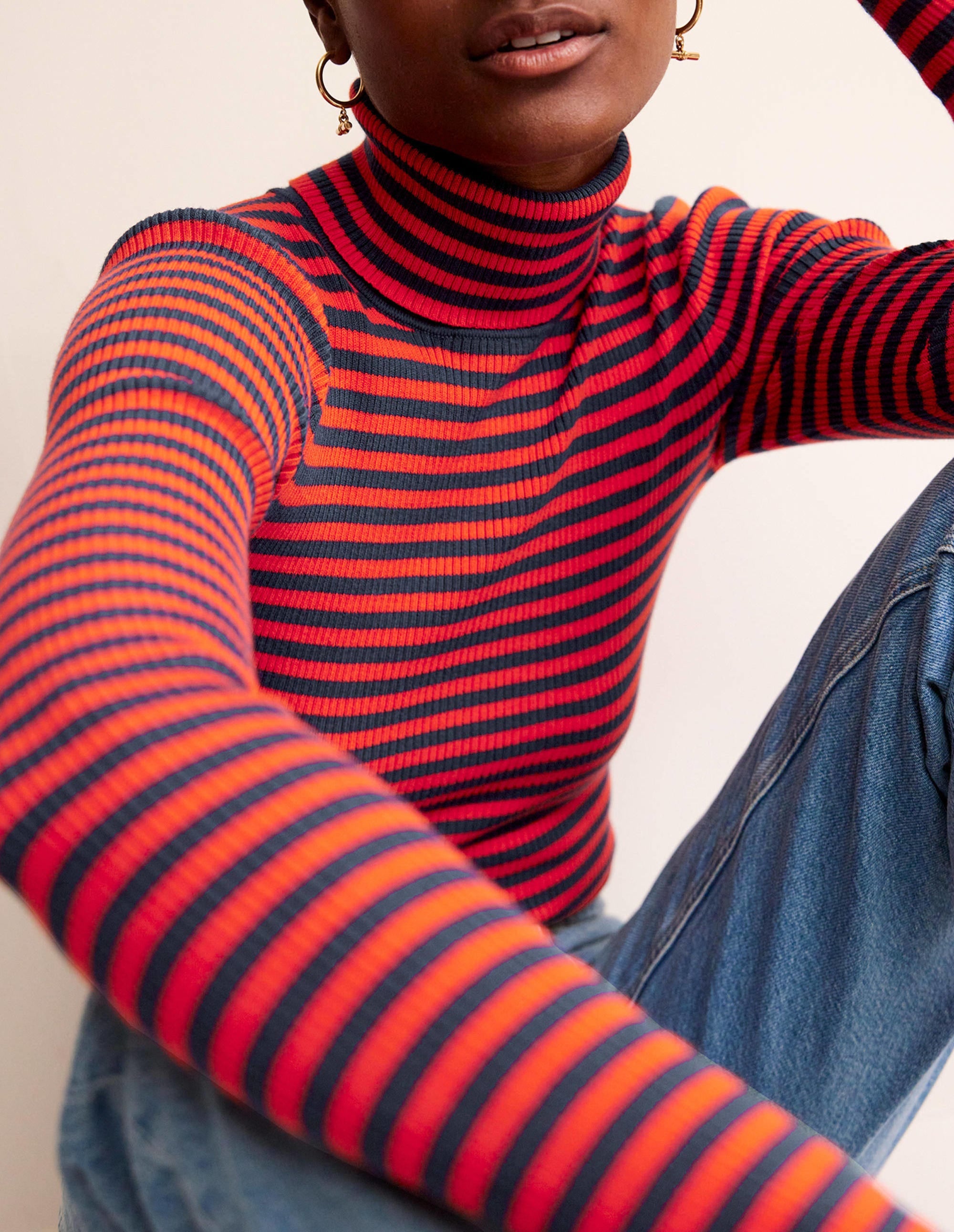 Catriona Roll Neck Jumper-French Navy / Fiesta Orange - Image 2
