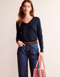 Merino Scallop V-Neck Jumper-Navy