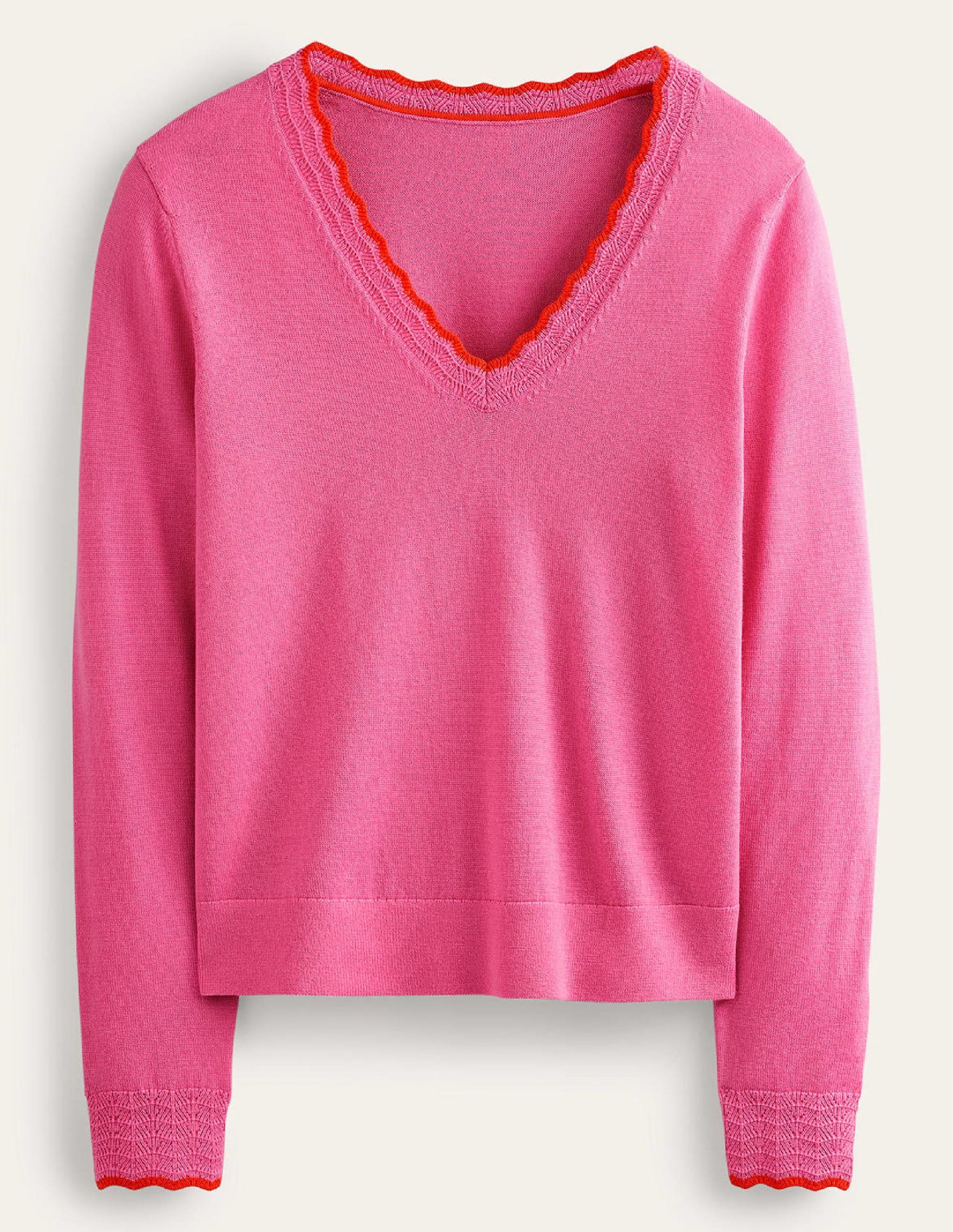 Merino Scallop V-Neck Jumper-Mid Pink-5