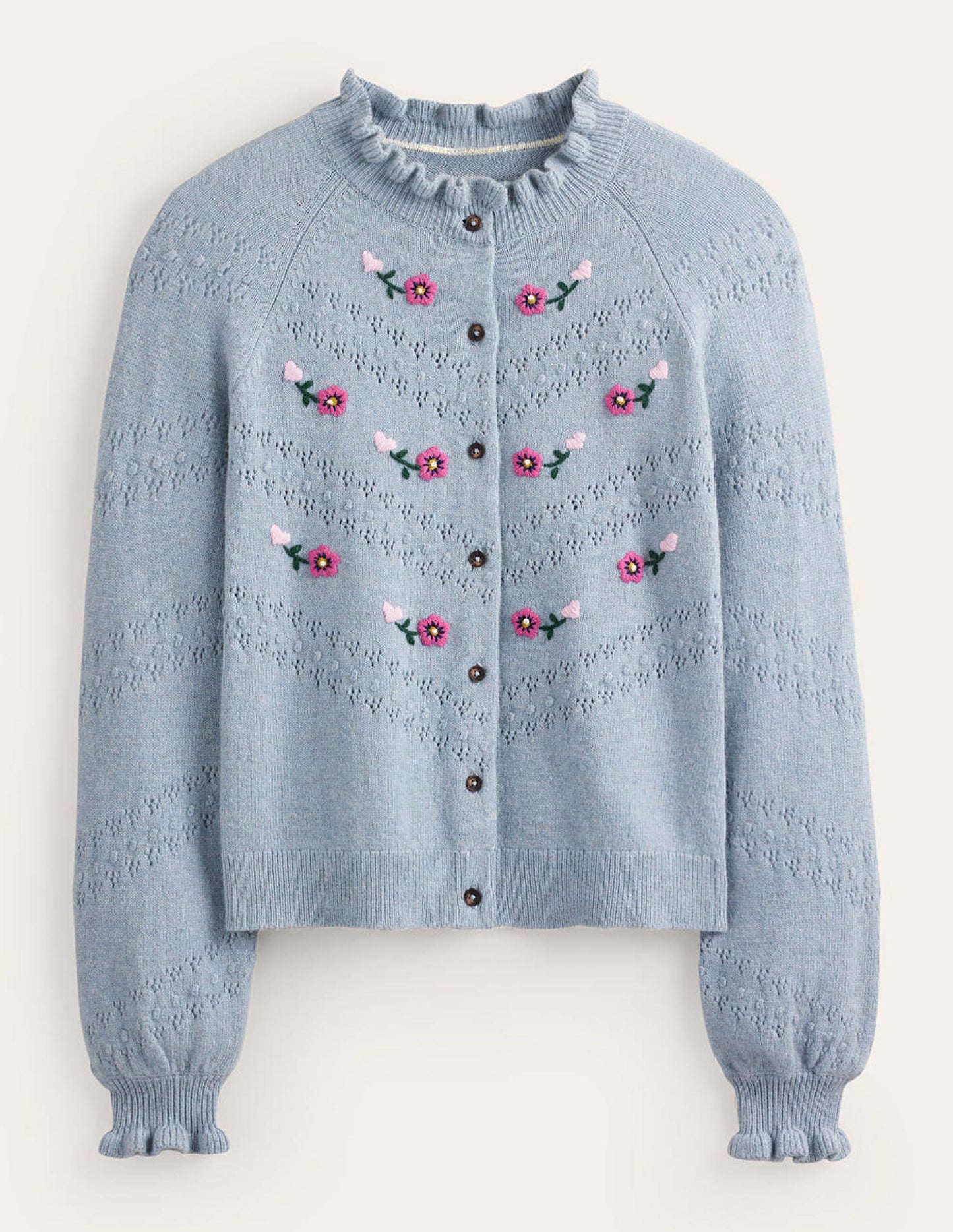 Floral-Embroidered Cardigan-Blue Pebble