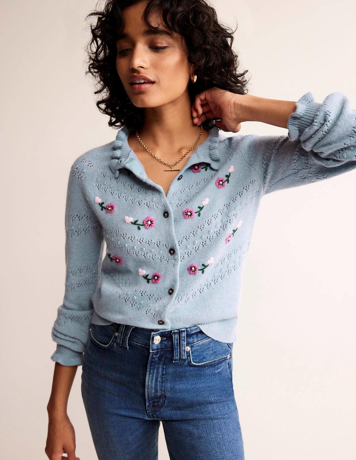 Floral-Embroidered Cardigan-Blue Pebble