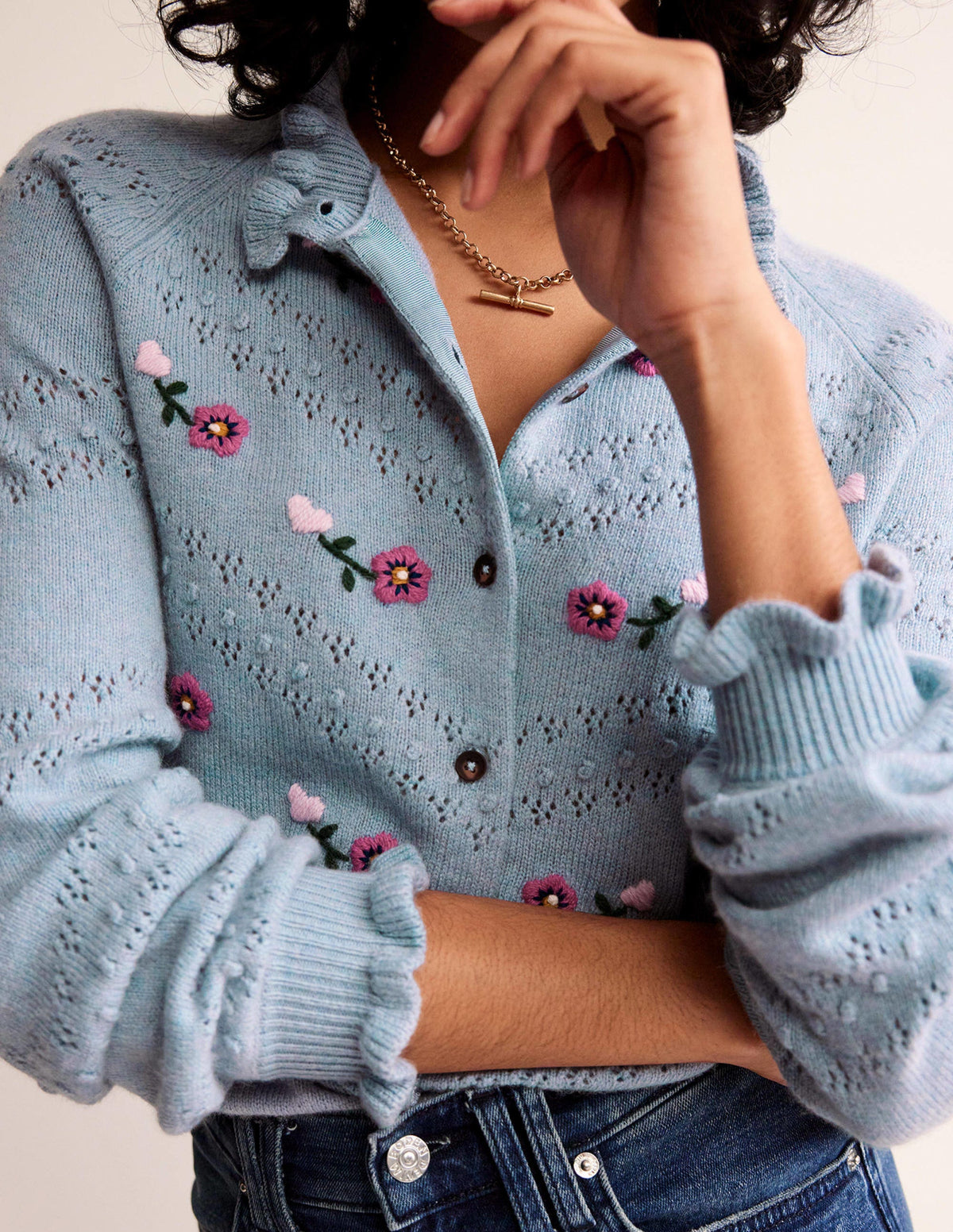 Floral-Embroidered Cardigan-Blue Pebble - Image 2