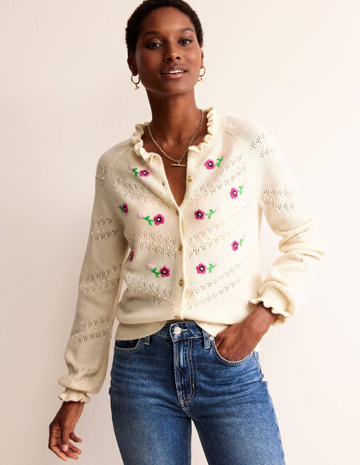 Floral-Embroidered Cardigan-Warm Ivory-1