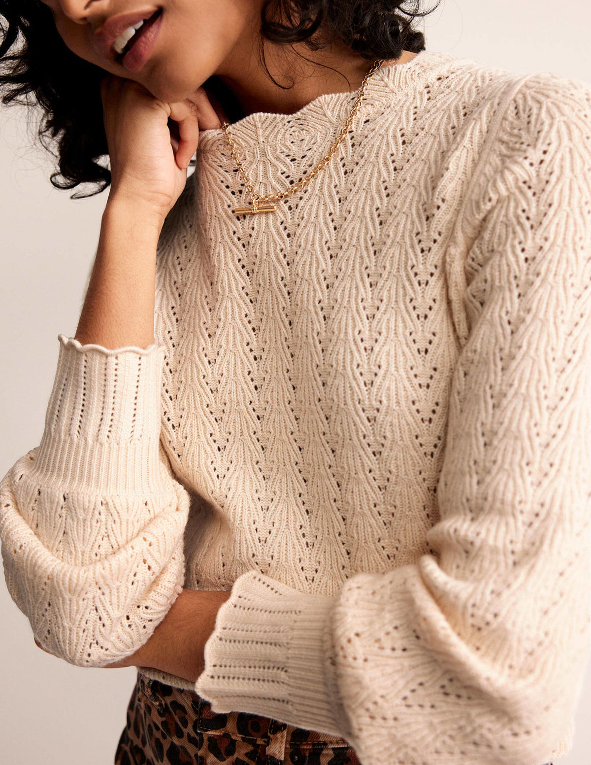 Pointelle Stitch Jumper-Warm Ivory - Image 2