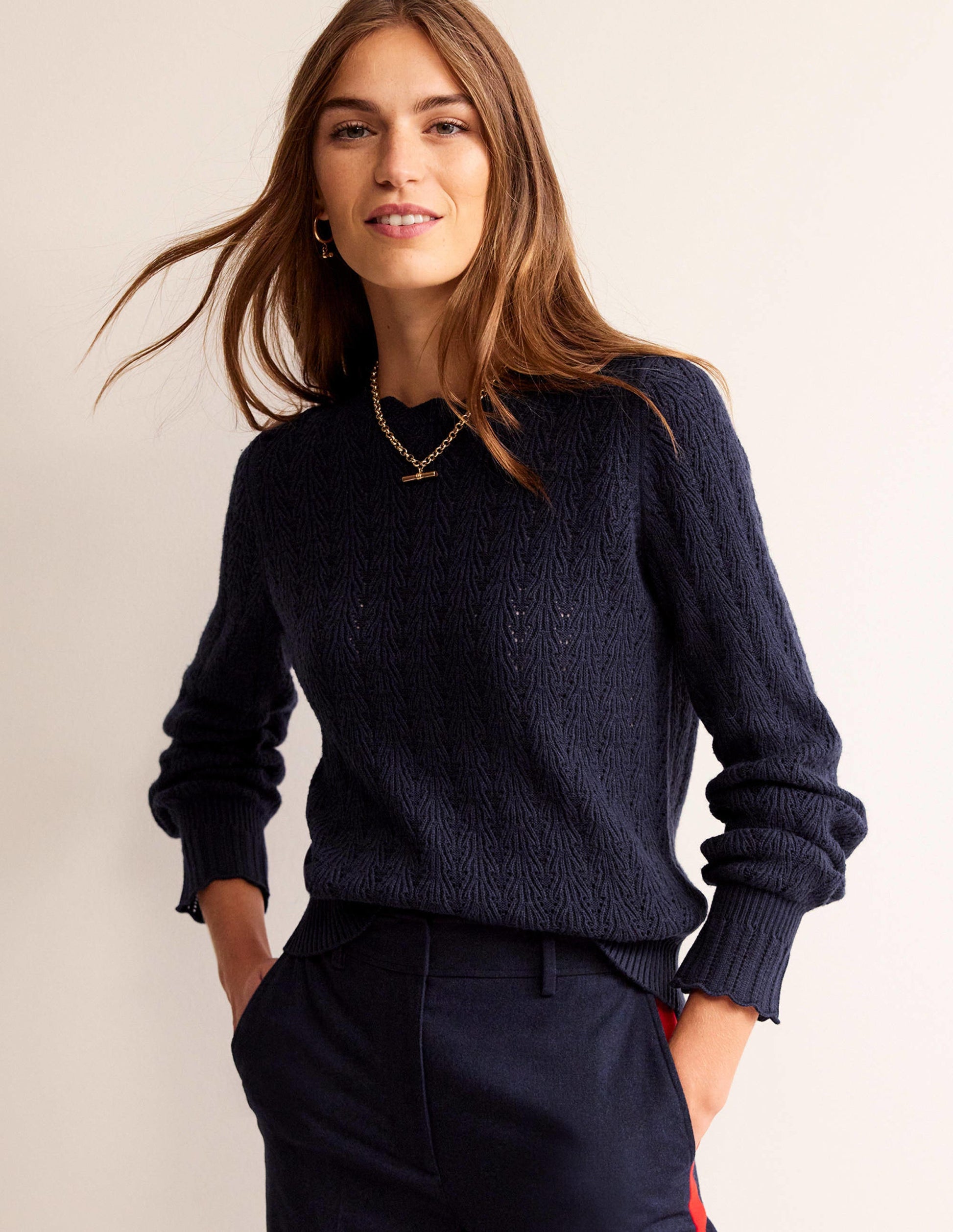 Pointelle Stitch Jumper-Navy-1