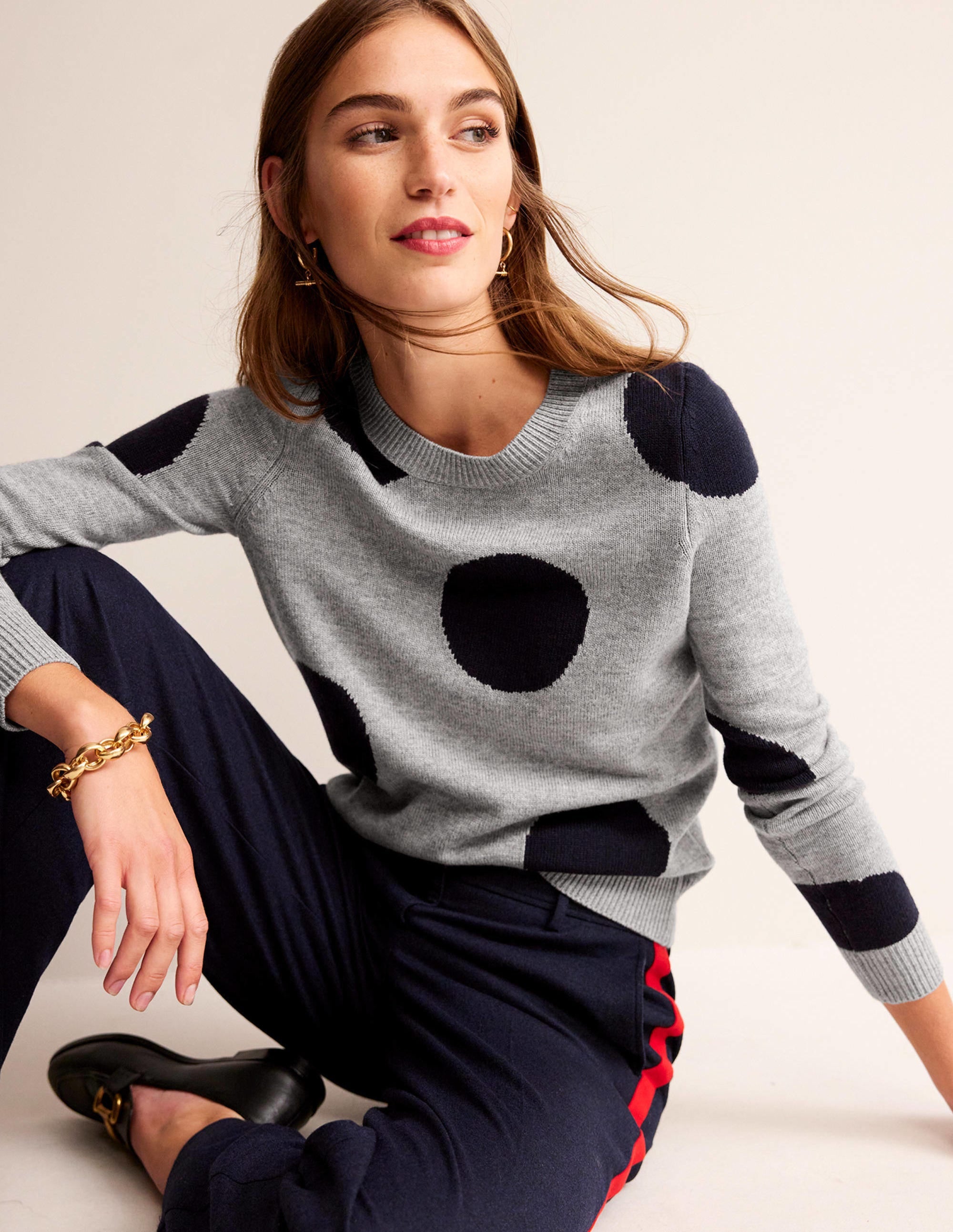 Intarsia Spot Jumper-Grey Melange, Navy Spot - Image 1