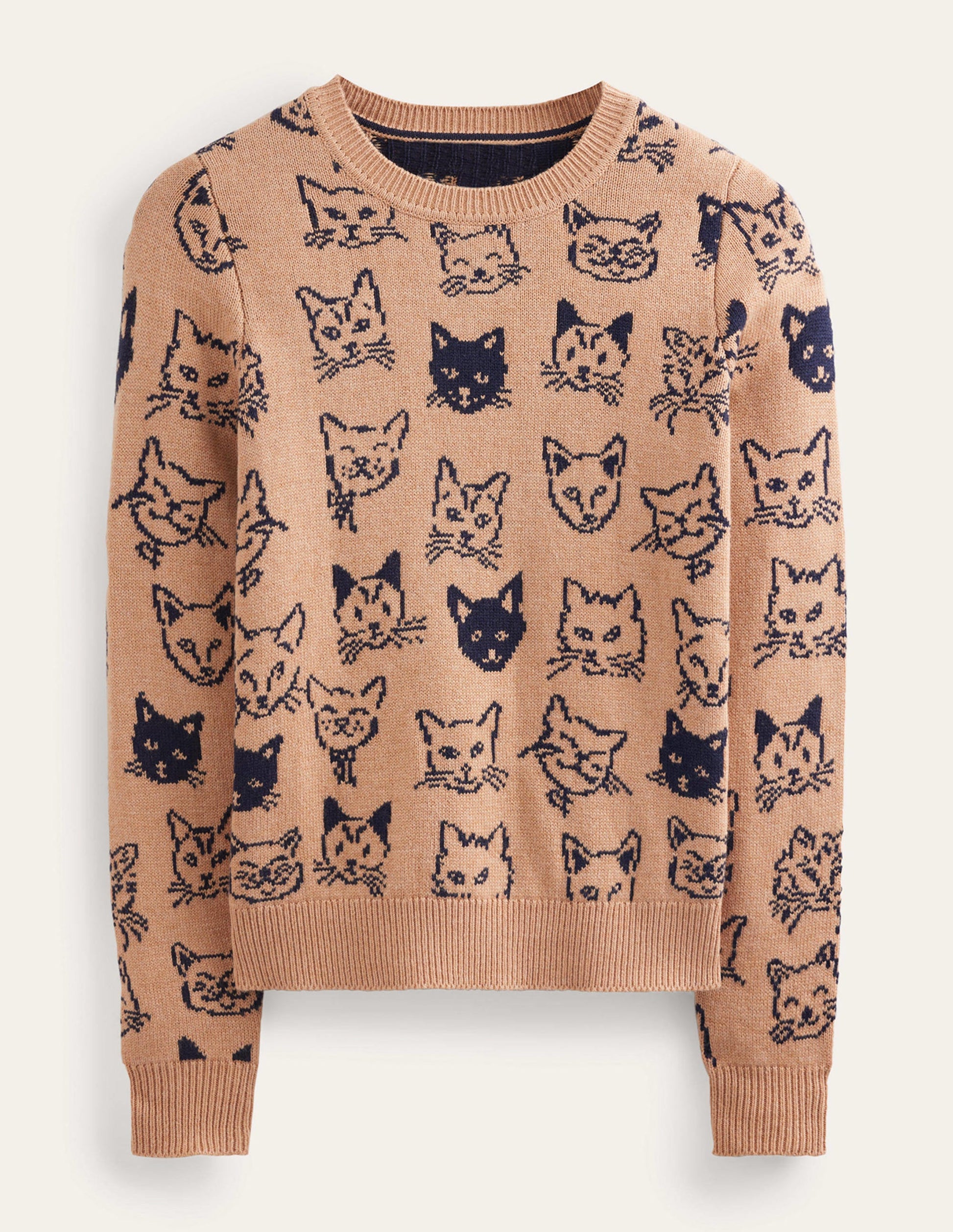 Heather Jacquard Jumper-Camel and Navy, Cats-5