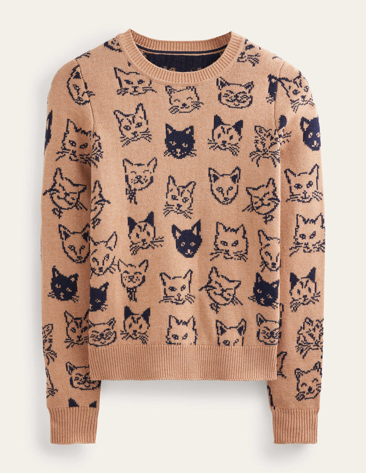Heather Jacquard Jumper-Camel and Navy, Cats - Image 5