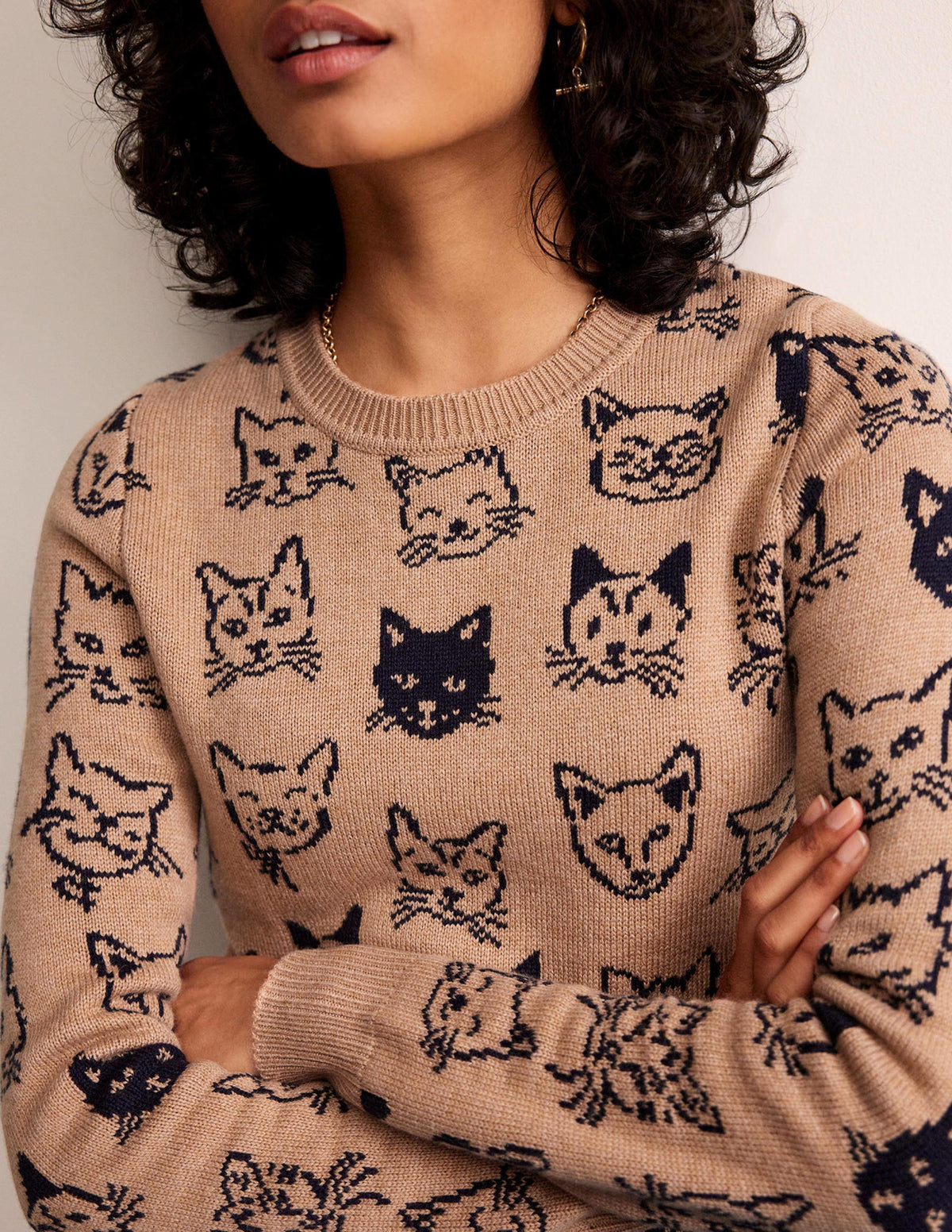 Heather Jacquard Jumper-Camel and Navy, Cats-2